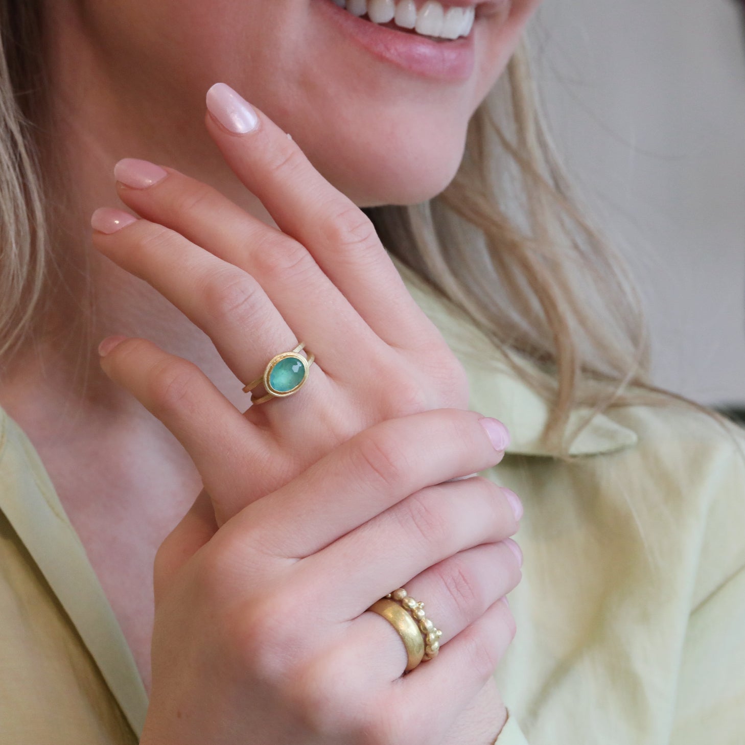 22K & 18K Rosecut East/West Blue - Green Tourmaline Ring - Peridot Fine Jewelry - Petra Class