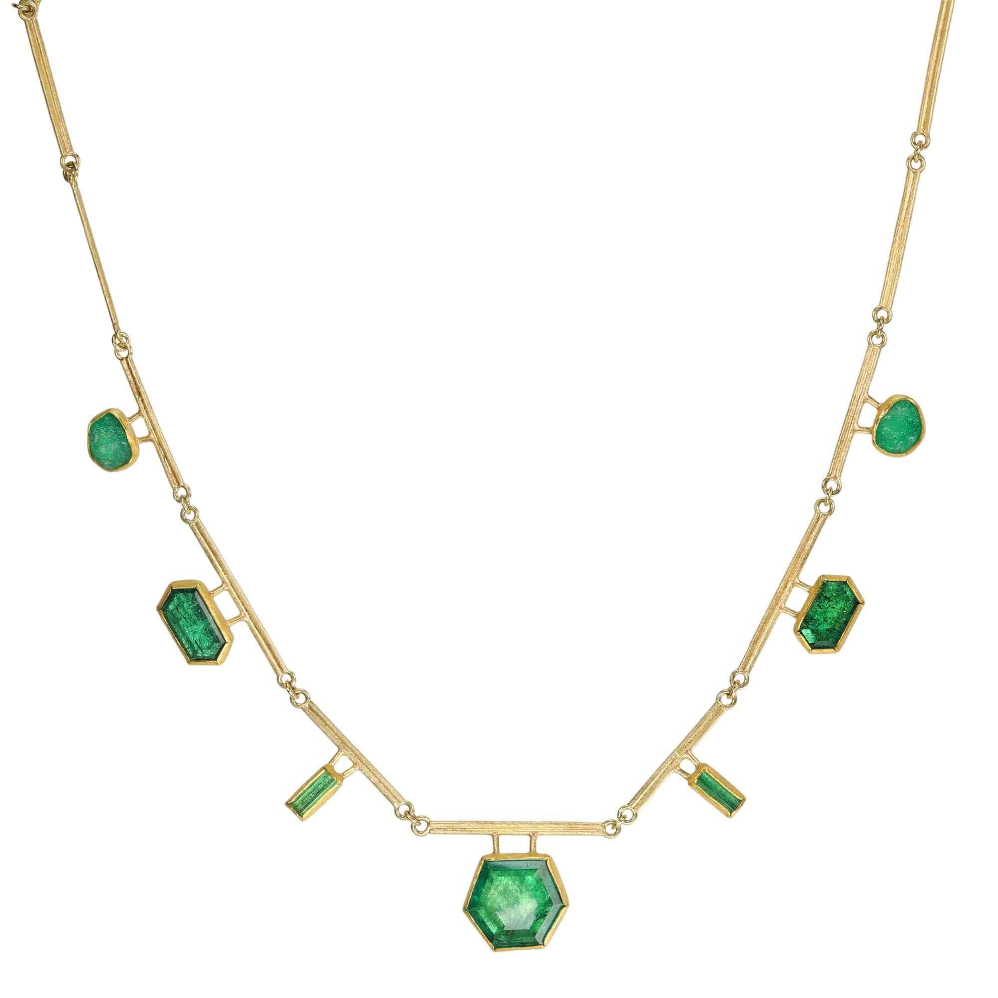 22K &amp; 18K Segmented Double Bar Necklace with Seven Irregular Emeralds - Peridot Fine Jewelry - Petra Class
