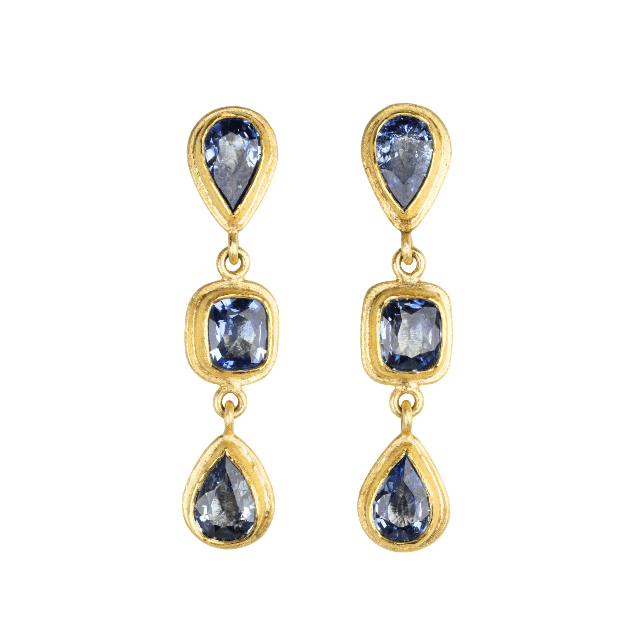 22k & 18k Triple Drop Mixed - Shape Sri Lankan Blue Sapphire Drop Earrings - Peridot Fine Jewelry - Petra Class
