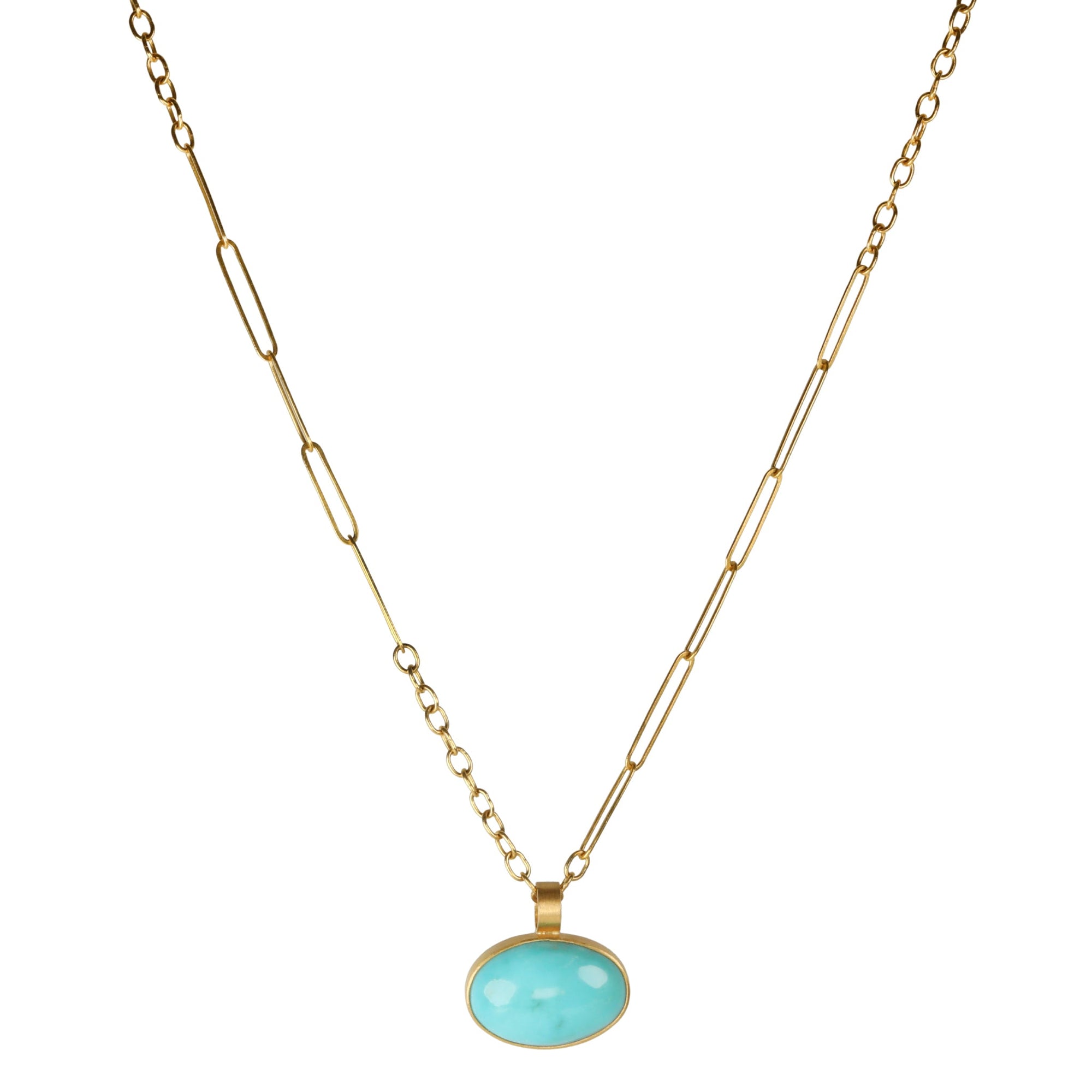 22K Bezel-Set East-West Oval Arizona Turquoise Pendant - Peridot Fine Jewelry - Rosanne Pugliese