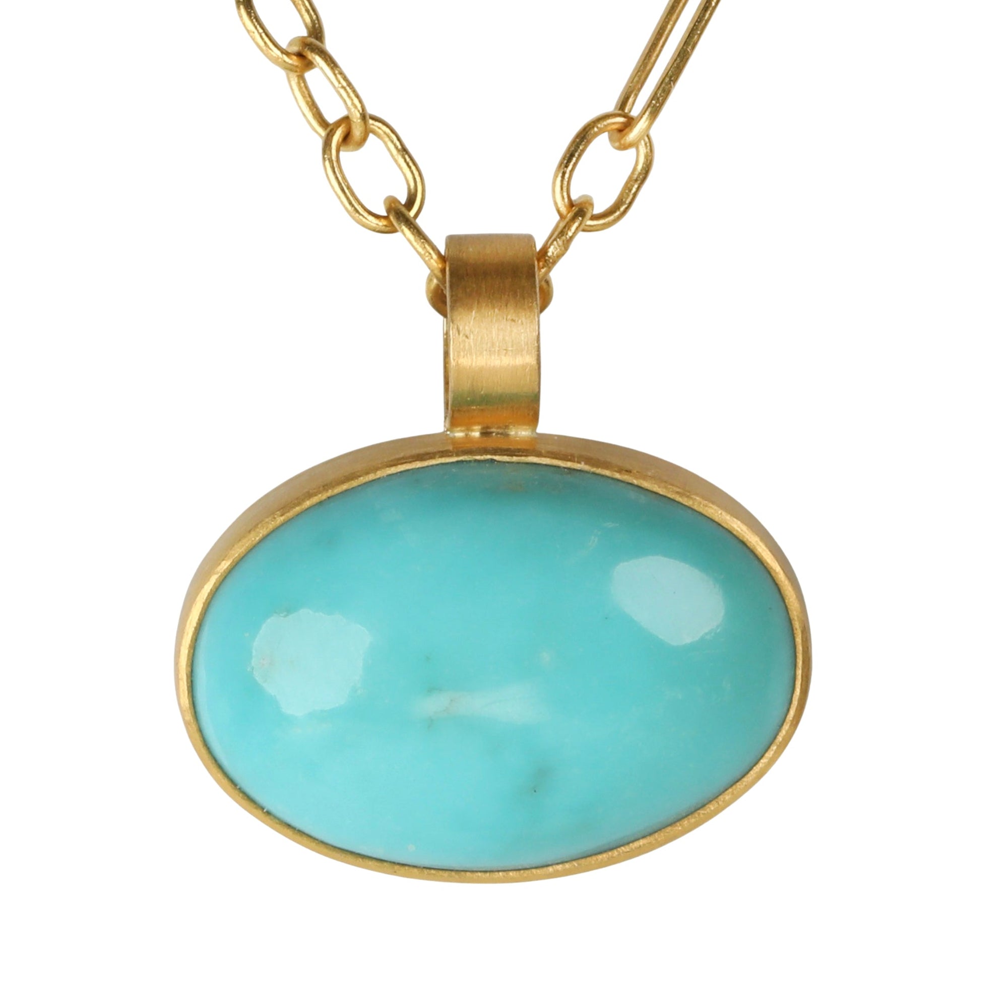 22K Bezel-Set East-West Oval Arizona Turquoise Pendant - Peridot Fine Jewelry - Rosanne Pugliese