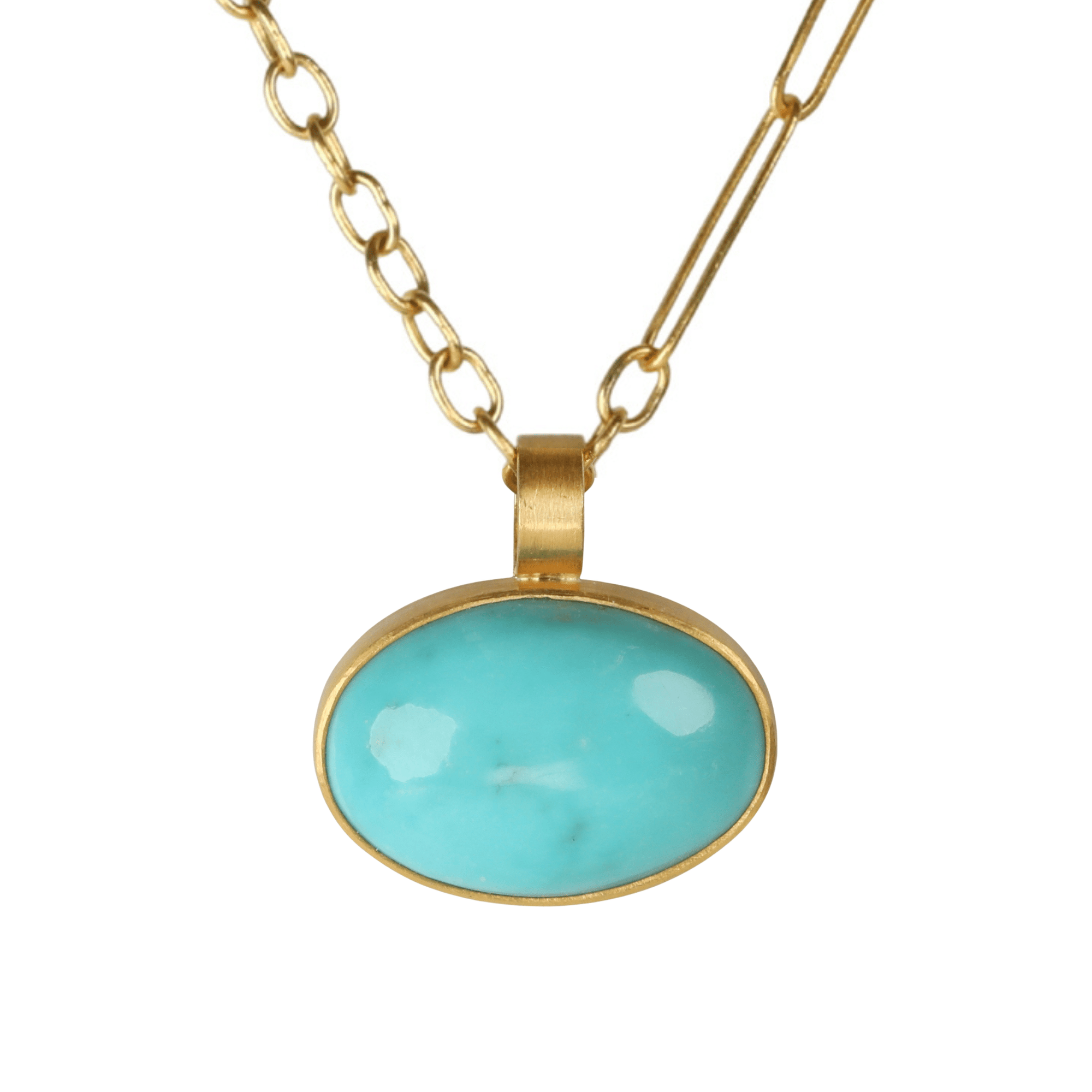 22K Bezel-Set East-West Oval Arizona Turquoise Pendant - Peridot Fine Jewelry - Rosanne Pugliese