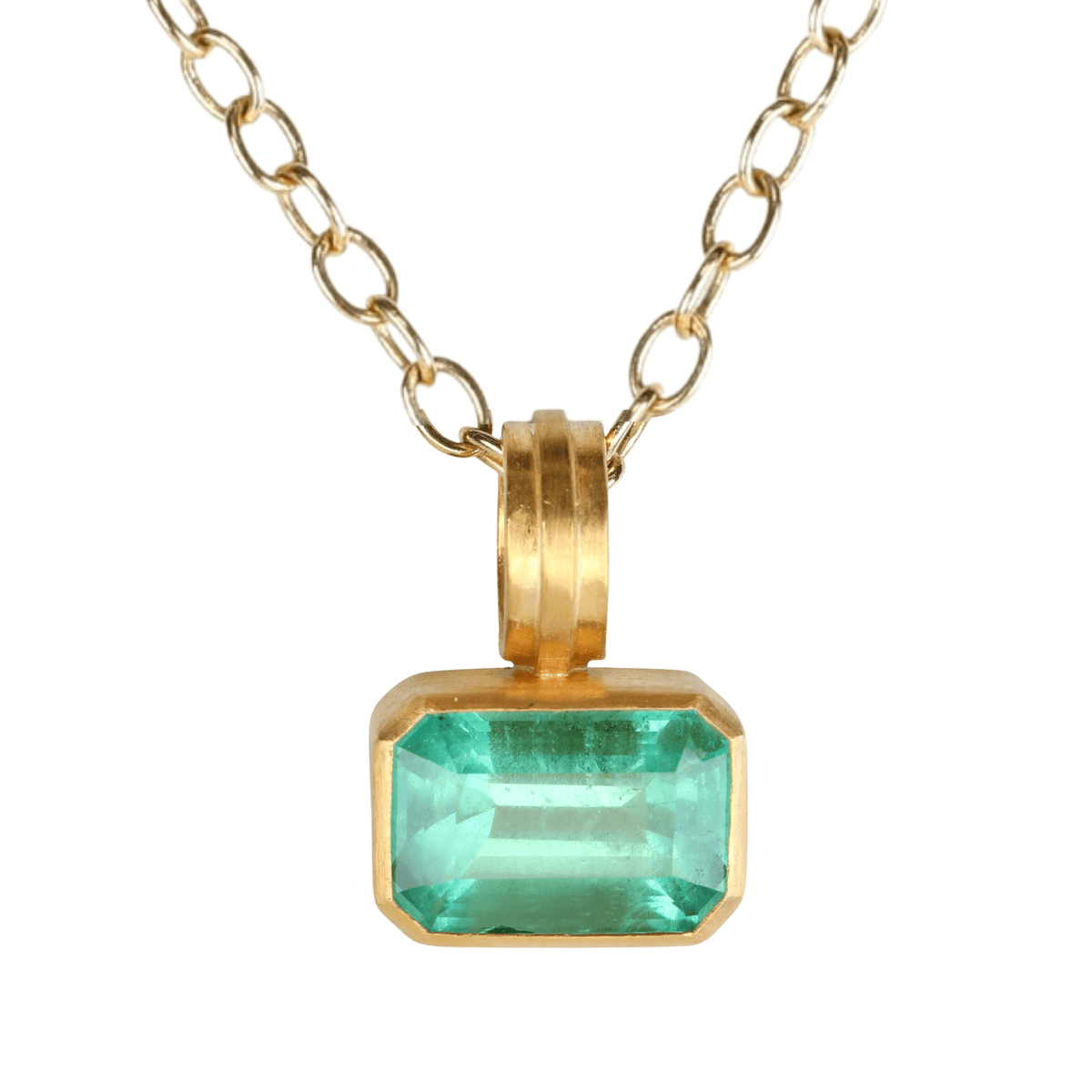 22K Bezel-Set Emerald-Cut Brazilian Emerald Pendant - Peridot Fine Jewelry - Rosanne Pugliese