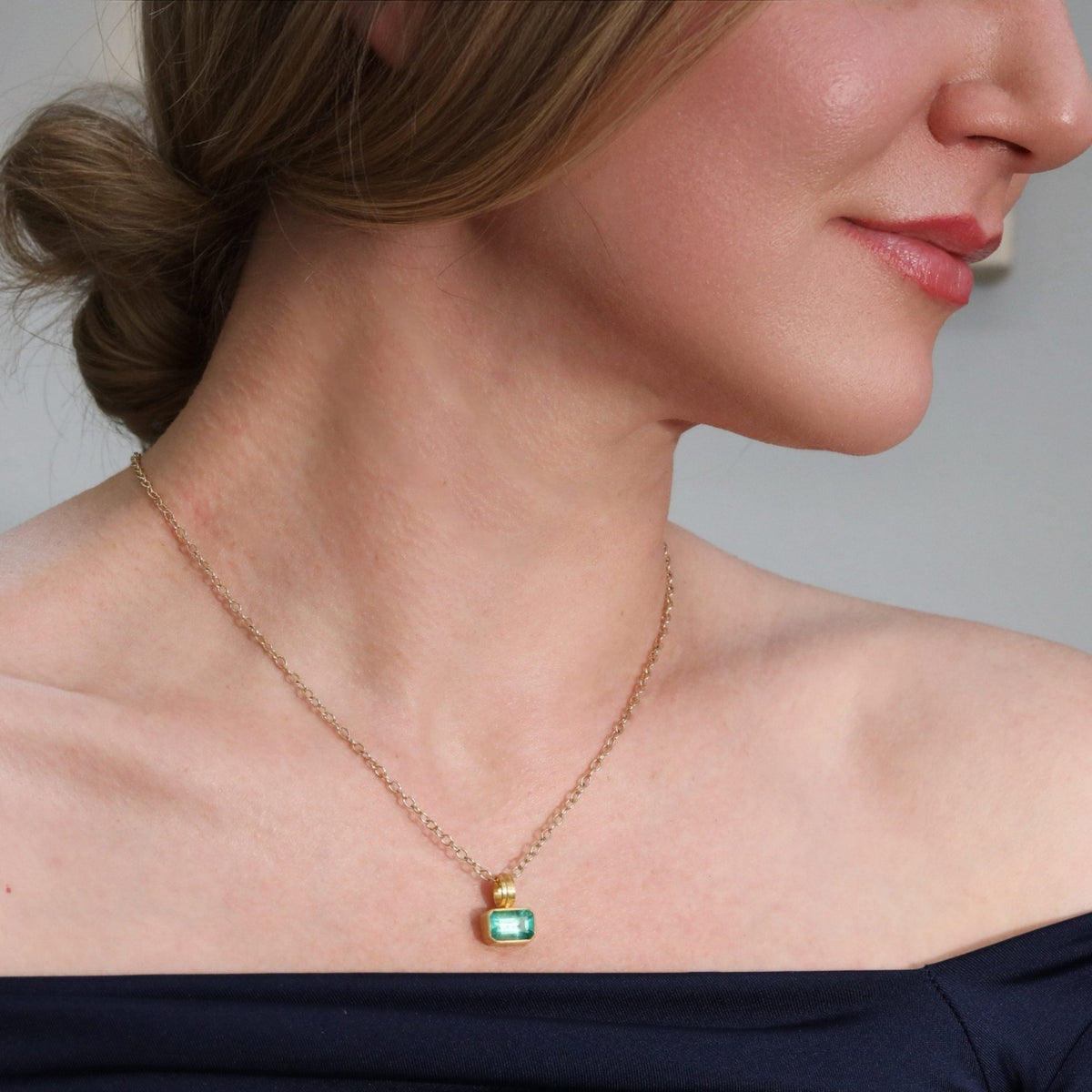 22K Bezel-Set Emerald-Cut Brazilian Emerald Pendant - Peridot Fine Jewelry - Rosanne Pugliese