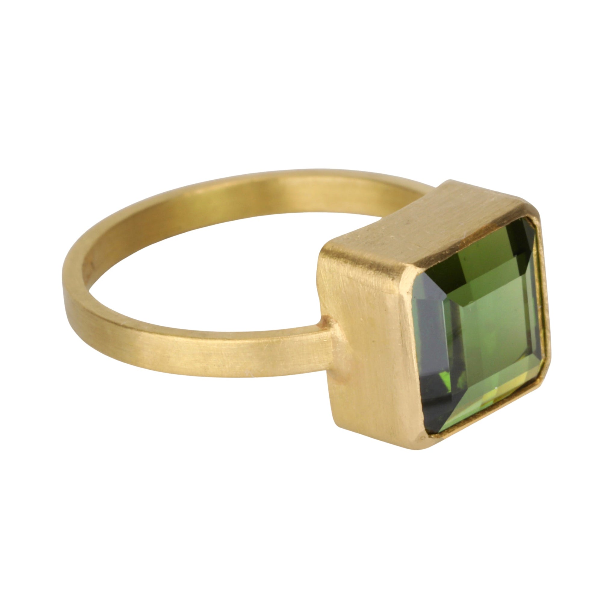 22K Bezel - Set Emerald Cut Cube Green Tourmaline Ring - Peridot Fine Jewelry - Rosanne Pugliese