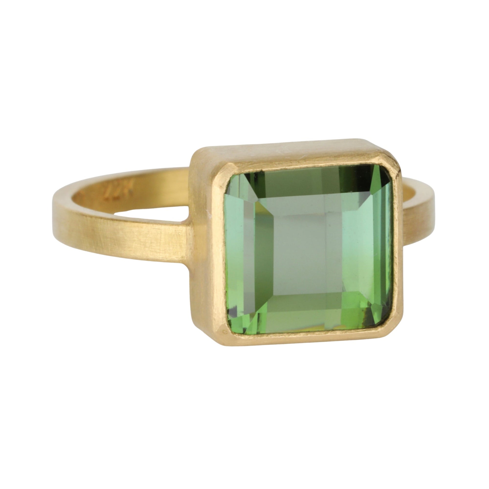 22K Bezel - Set Emerald Cut Cube Green Tourmaline Ring - Peridot Fine Jewelry - Rosanne Pugliese