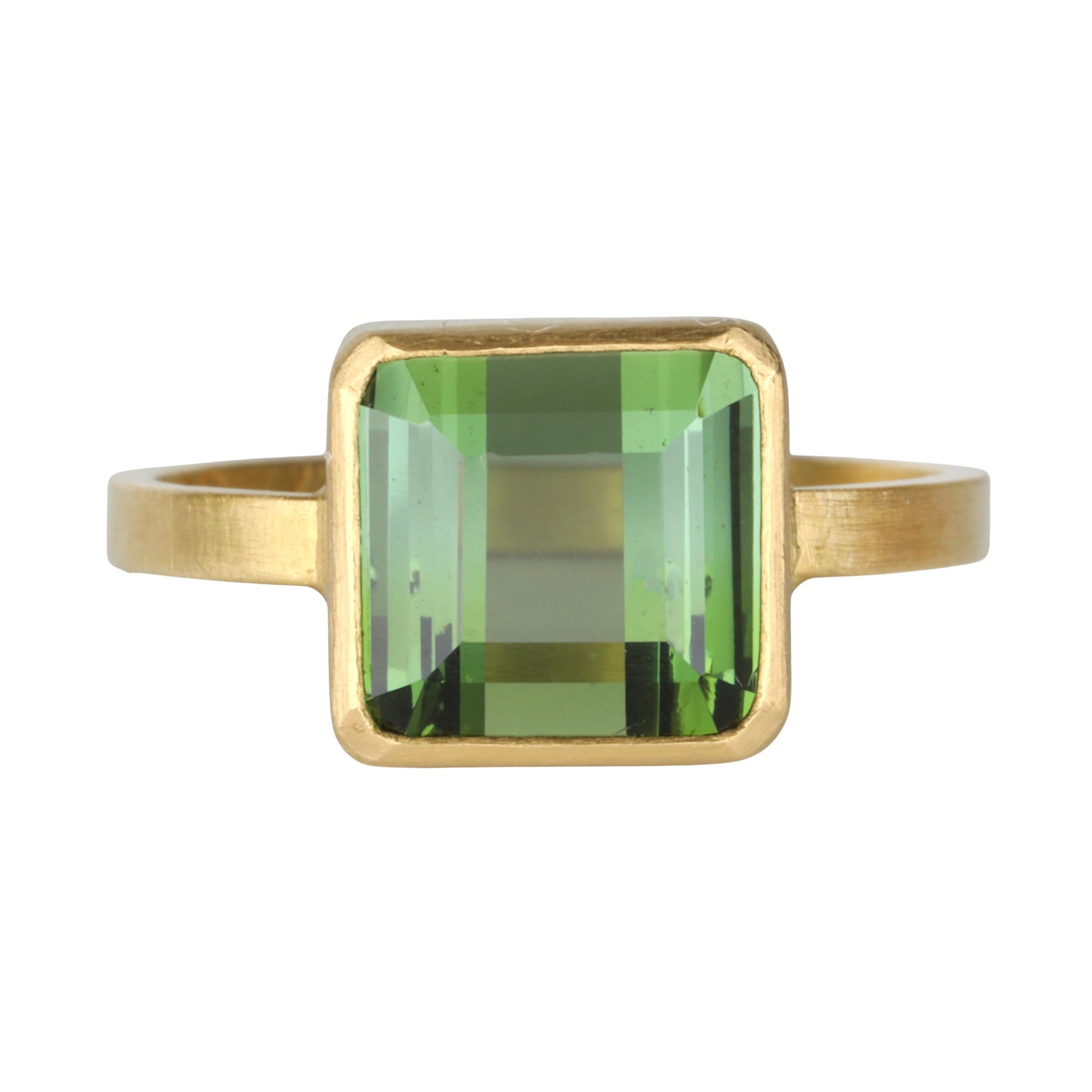 22K Bezel - Set Emerald Cut Cube Green Tourmaline Ring - Peridot Fine Jewelry - Rosanne Pugliese