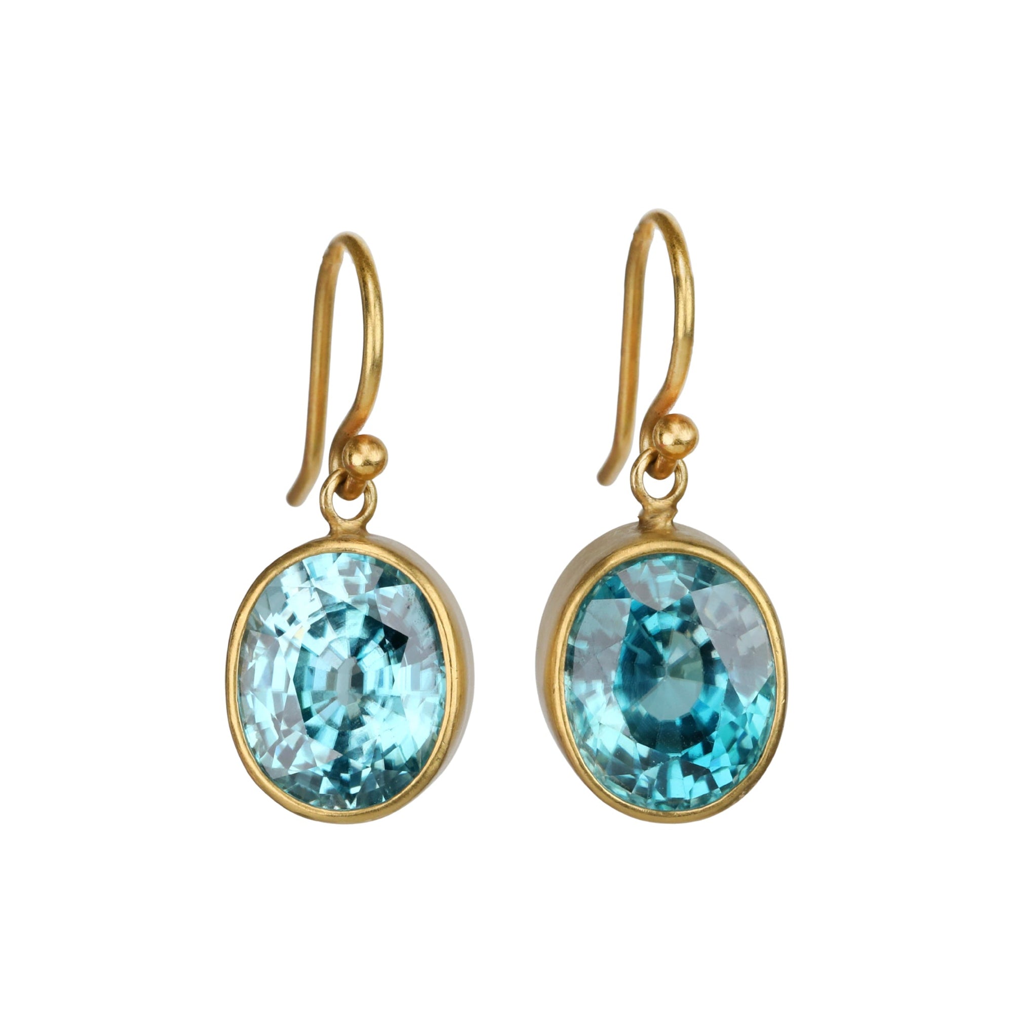 22K Bezel - Set Oval Blue Zircon Drop Earrings - Peridot Fine Jewelry - Caroline Ellen