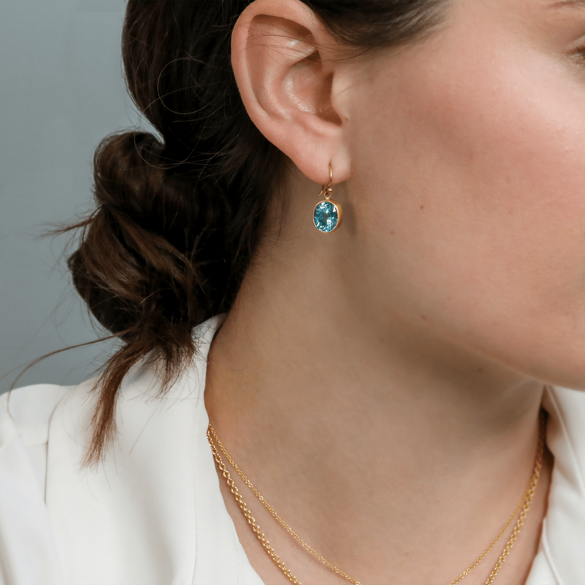 22K Bezel - Set Oval Blue Zircon Drop Earrings - Peridot Fine Jewelry - Caroline Ellen