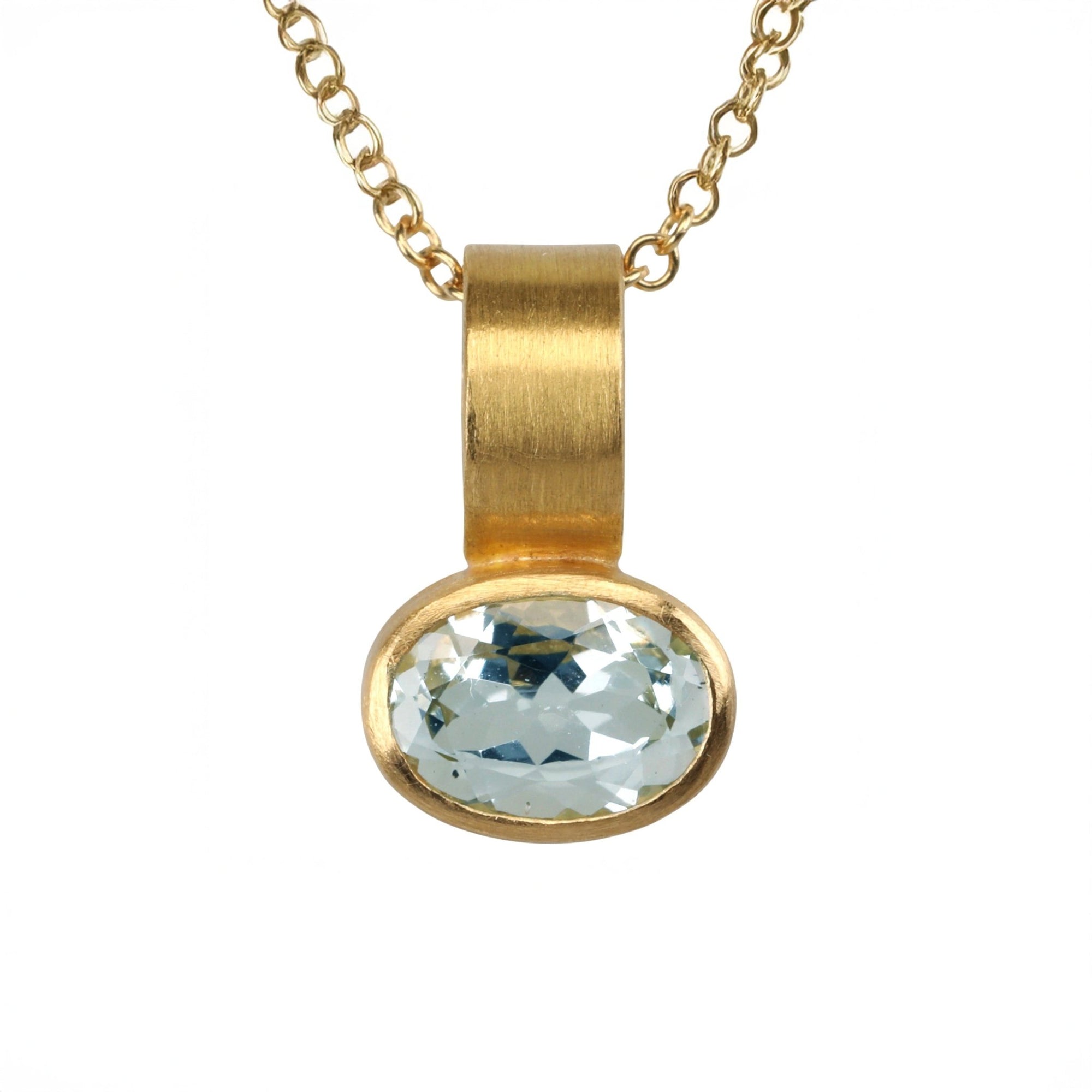 22K Bezel - Set Oval Faceted Pale Aquamarine Pendant - Peridot Fine Jewelry - Rosanne Pugliese