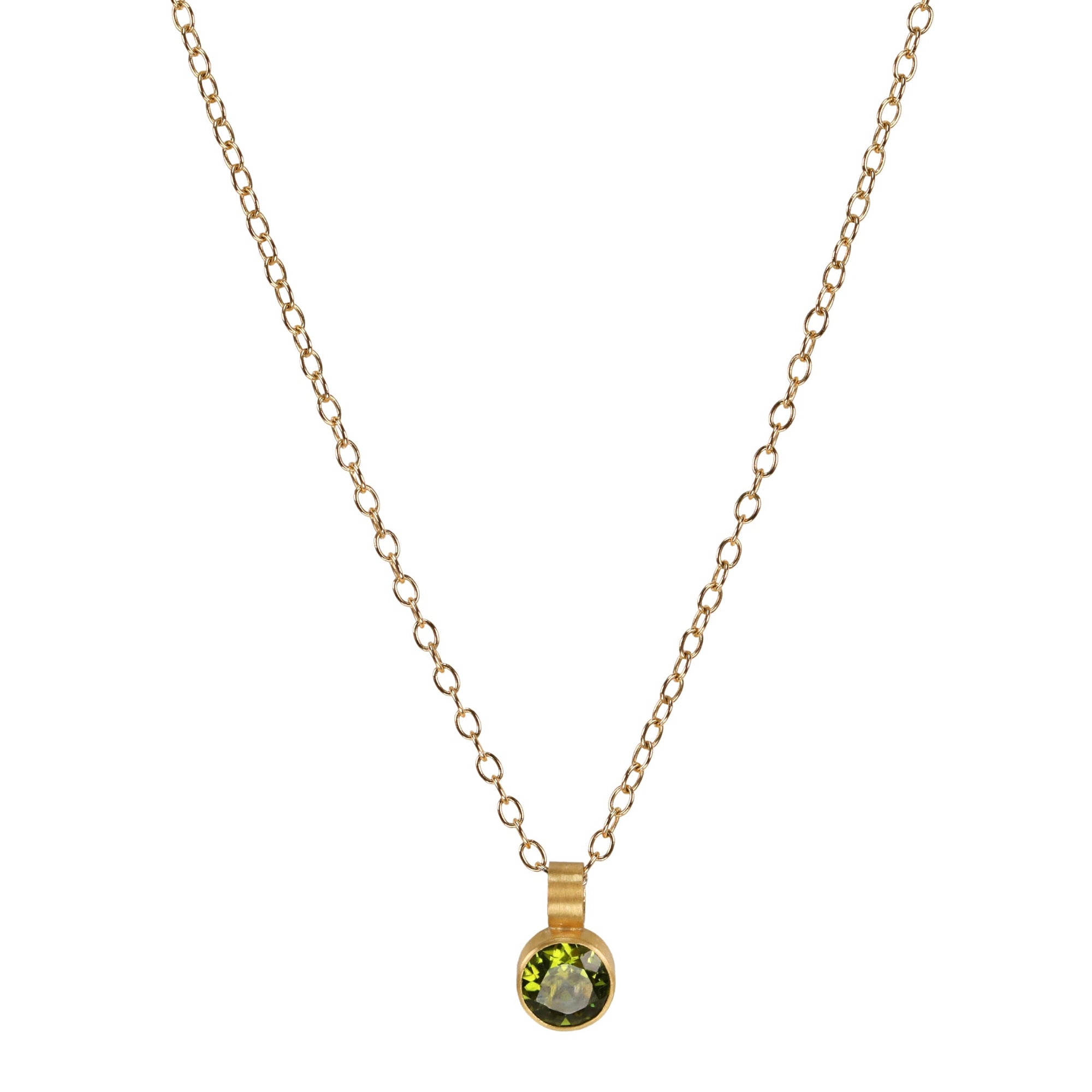 22K Bezel - Set Round Faceted Peridot Pendant - Peridot Fine Jewelry - Rosanne Pugliese