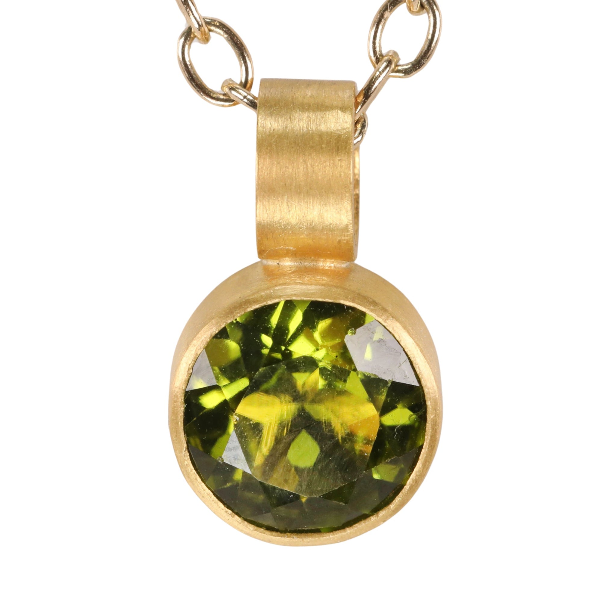 22K Bezel - Set Round Faceted Peridot Pendant - Peridot Fine Jewelry - Rosanne Pugliese