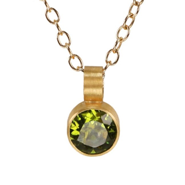 22K Bezel - Set Round Faceted Peridot Pendant - Peridot Fine Jewelry - Rosanne Pugliese