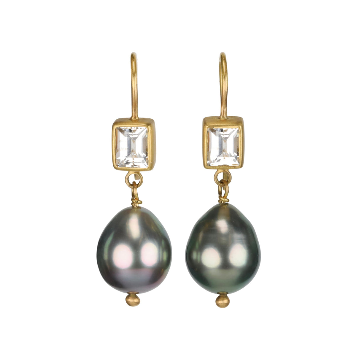 22K Emerald - Cut White Sapphire &amp; Grey Tahitian Pearl Double Drop Earrings. - Peridot Fine Jewelry - Caroline Ellen