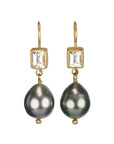 22K Emerald - Cut White Sapphire & Grey Tahitian Pearl Double Drop Earrings. - Peridot Fine Jewelry - Caroline Ellen