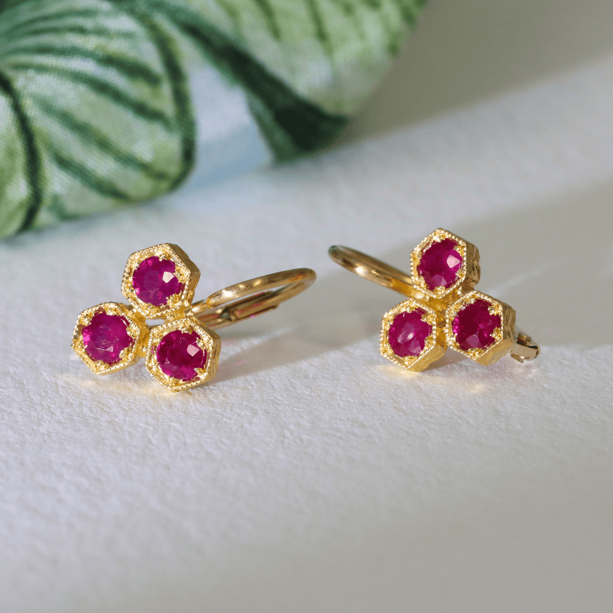 22K Gold and Ruby "Triple Hexagonal" Earrings - Peridot Fine Jewelry - Cathy Waterman