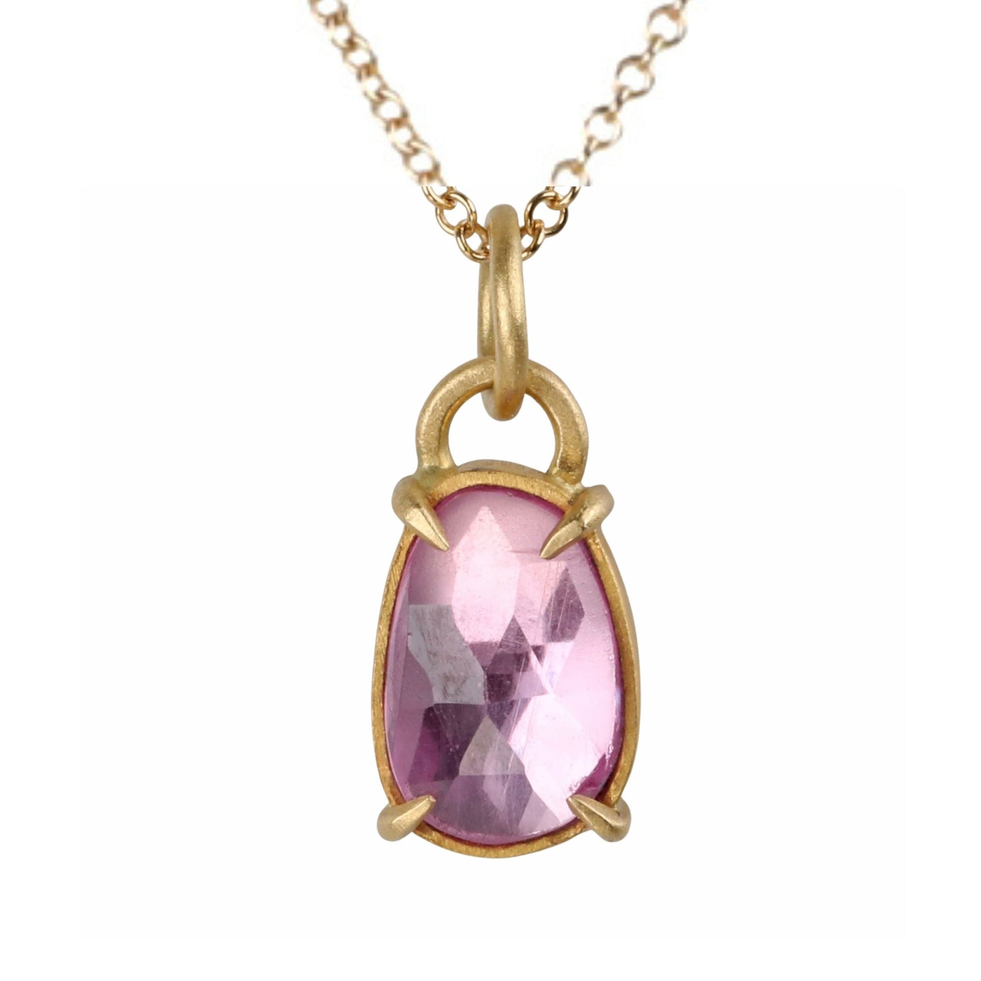22K Gold Asymmetrical Oval Pink Sapphire Hand Fabricated Pendant - Peridot Fine Jewelry - Annie Fensterstock