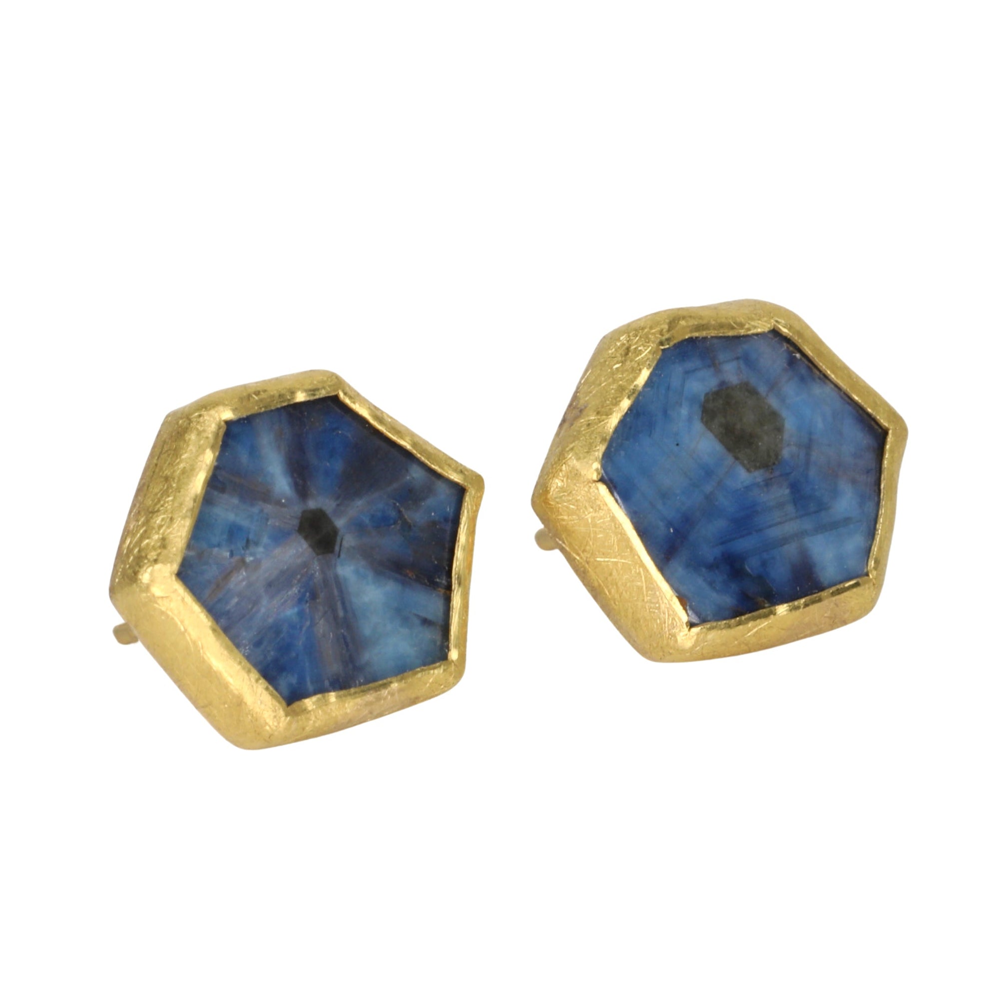 22K Gold Bezel-Set Blue Sapphire Slice Stud Earrings - Peridot Fine Jewelry - Petra Class