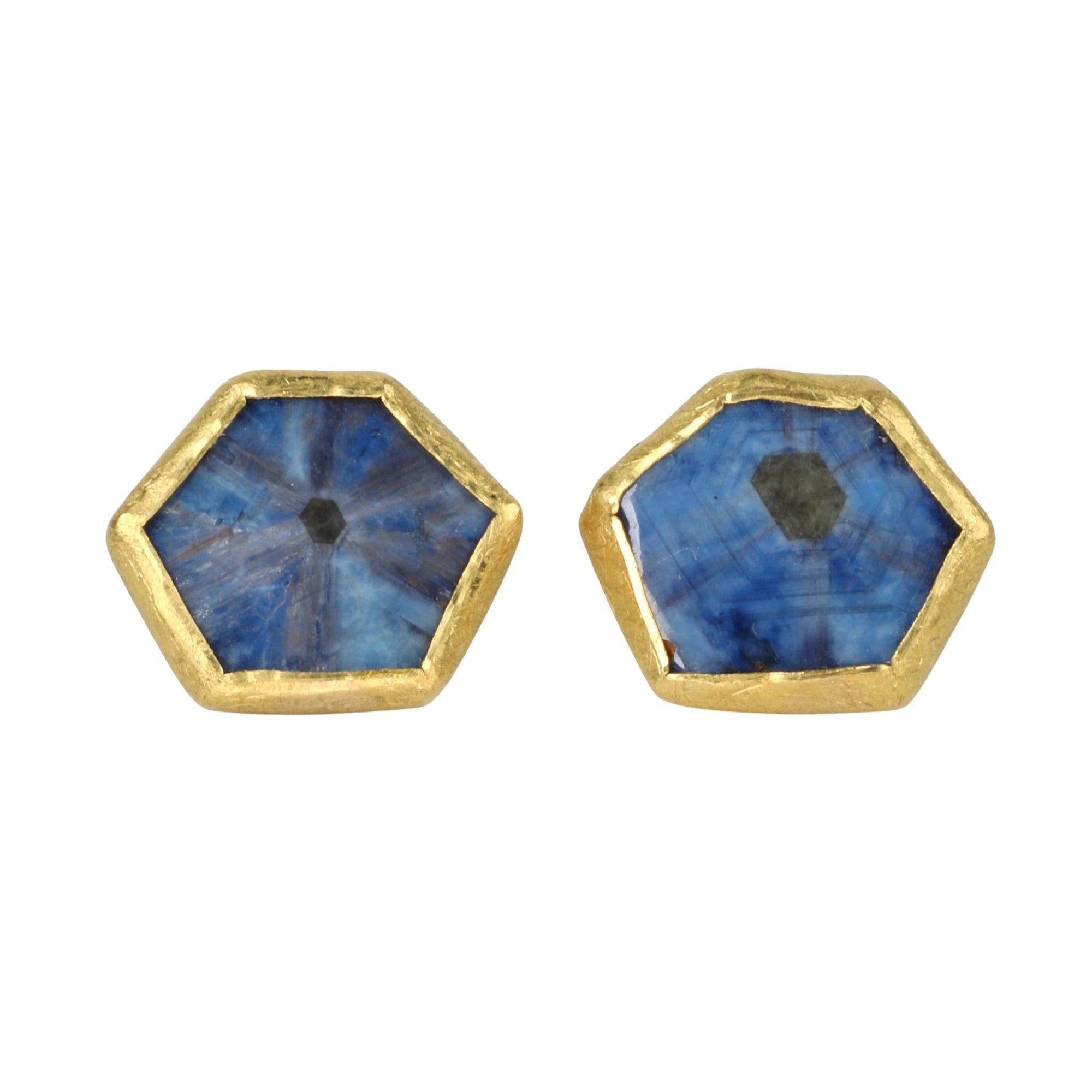 22K Gold Bezel-Set Blue Sapphire Slice Stud Earrings - Peridot Fine Jewelry - Petra Class
