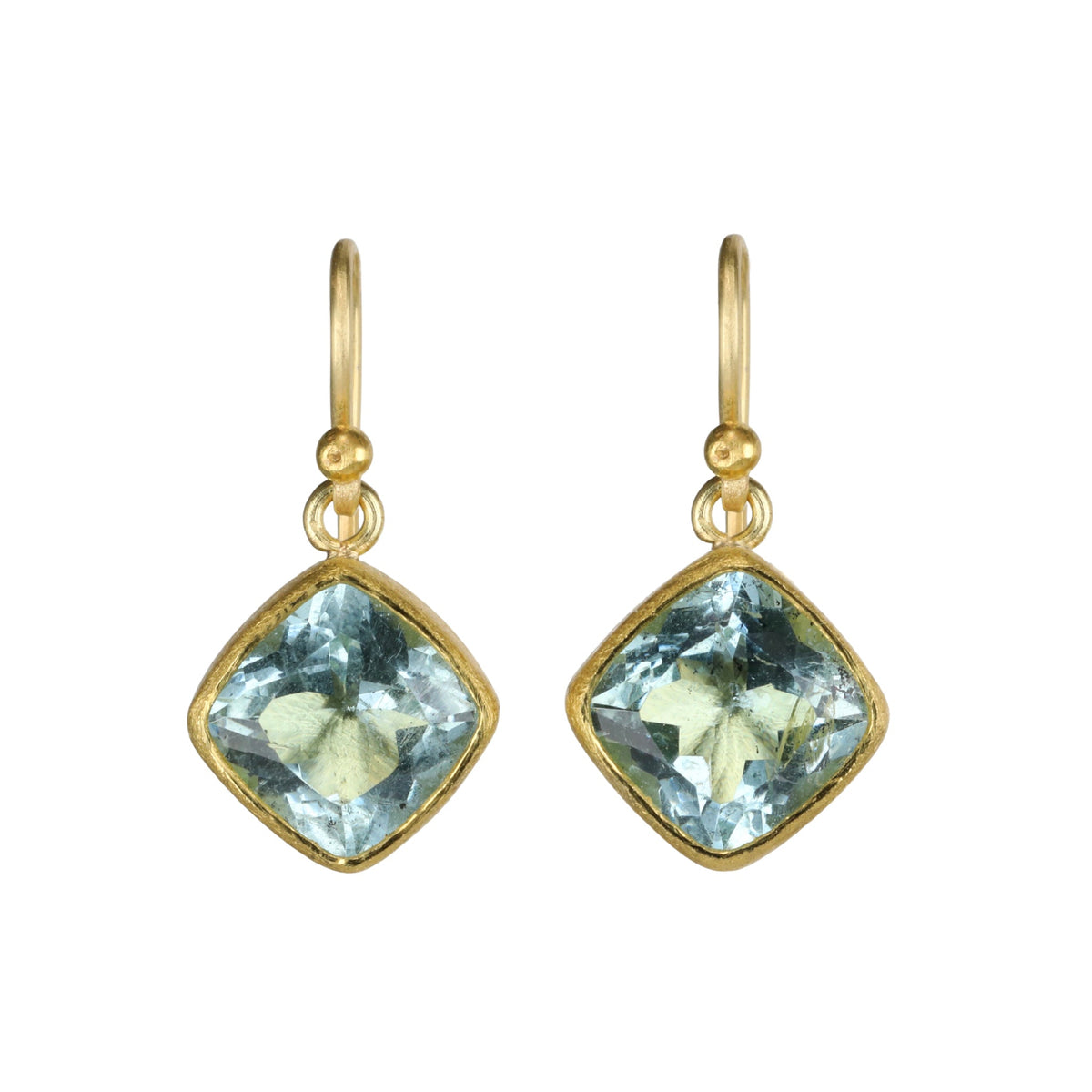 22K Gold Bezel - Set Cushion Aquamarine Drop Earrings - Peridot Fine Jewelry - Petra Class