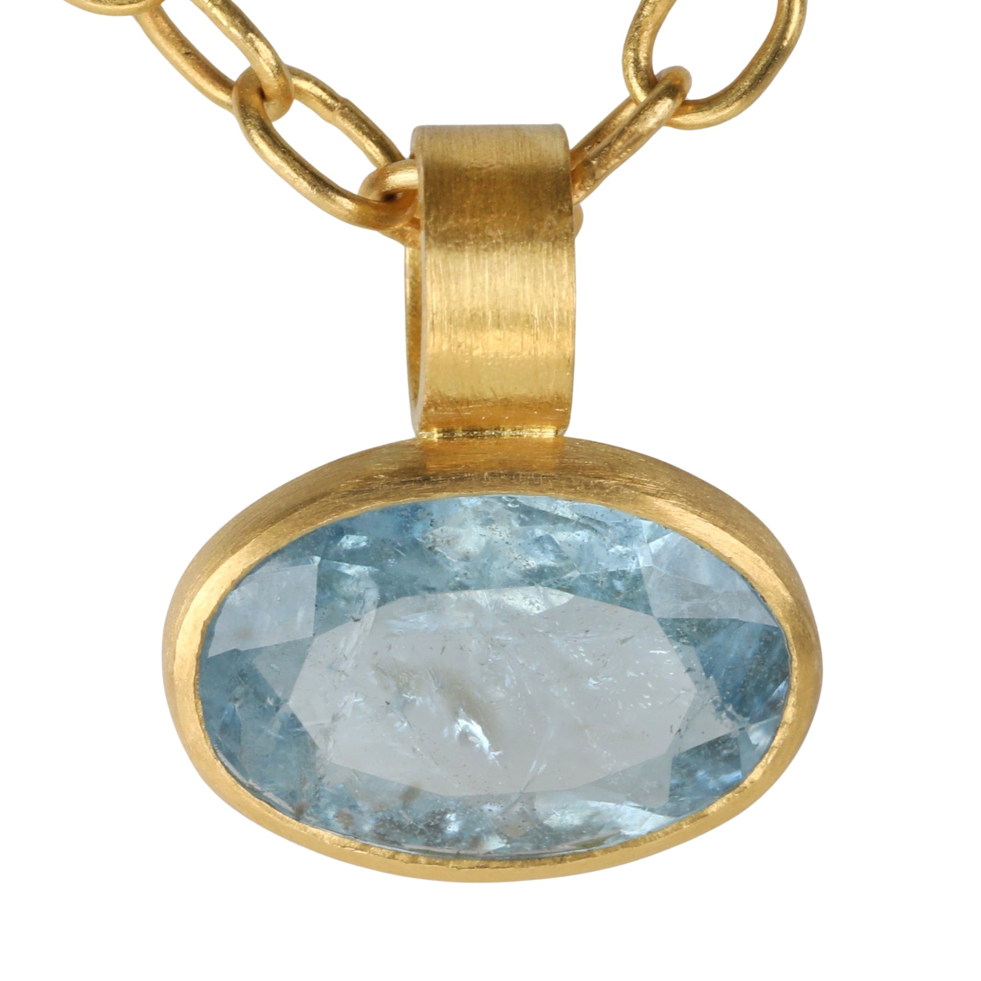 22K Gold Bezel - Set East - West Oval Faceted Aquamarine Pendant - Peridot Fine Jewelry - Rosanne Pugliese
