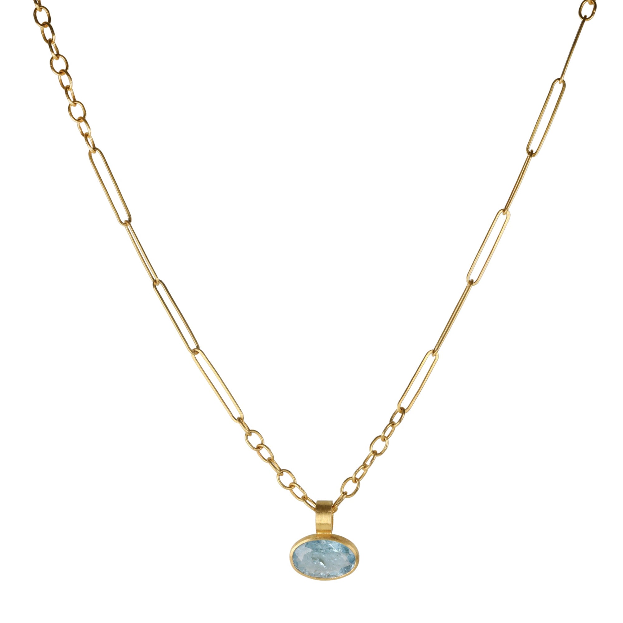 22K Gold Bezel - Set East - West Oval Faceted Aquamarine Pendant - Peridot Fine Jewelry - Rosanne Pugliese
