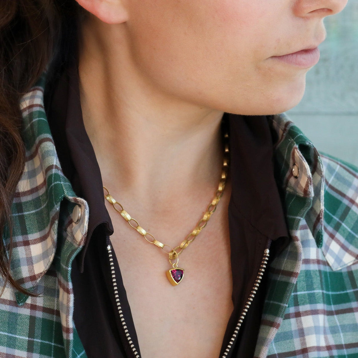 22K Gold Bezel - Set Faceted Garnet Trillion Pendant - Peridot Fine Jewelry - Petra Class