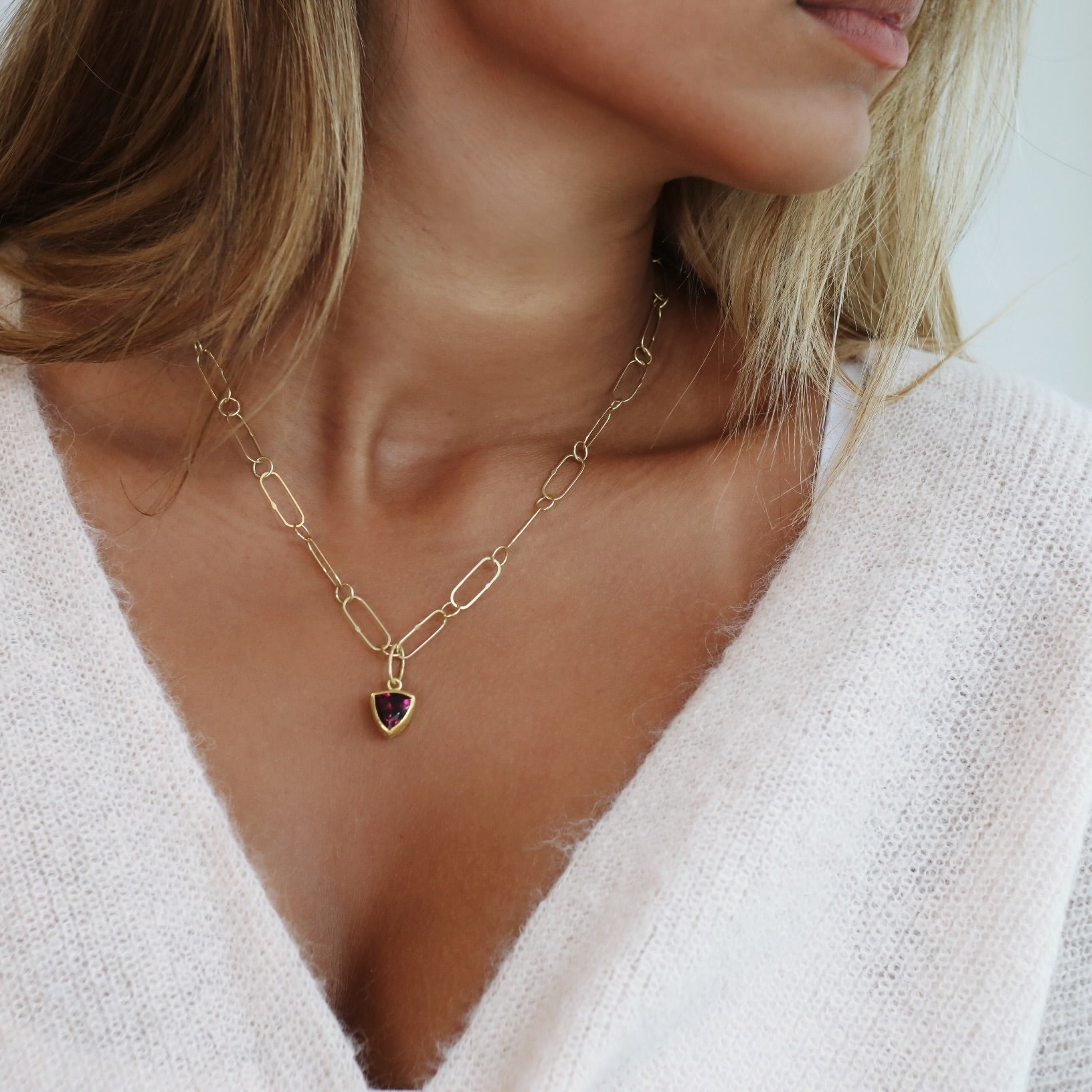 22K Gold Bezel - Set Faceted Garnet Trillion Pendant - Peridot Fine Jewelry - Petra Class
