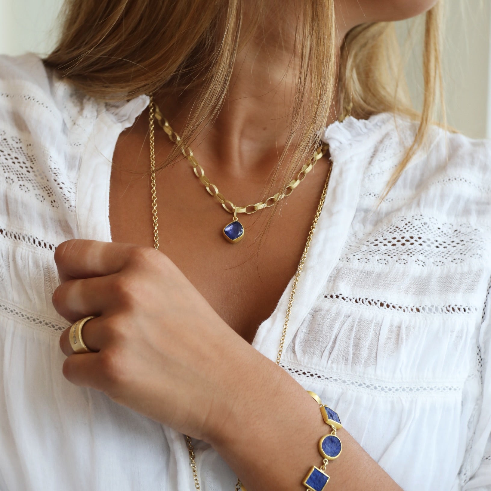 22K Gold Bezel - Set Freeform Cabochon Tanzanite Pendant - Peridot Fine Jewelry - Petra Class