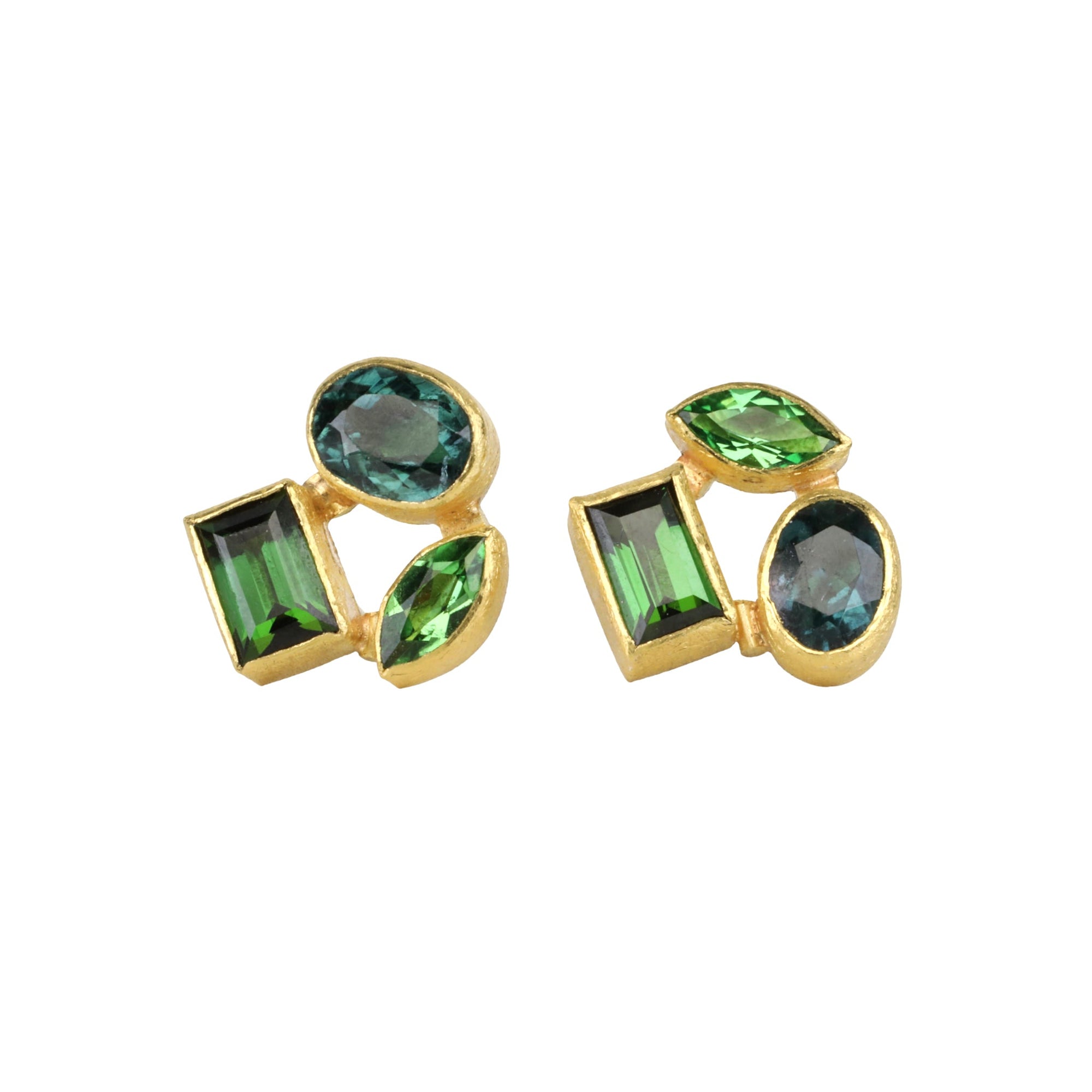 22K Gold Bezel - Set Green Tourmaline Cluster Studs - Peridot Fine Jewelry - Petra Class