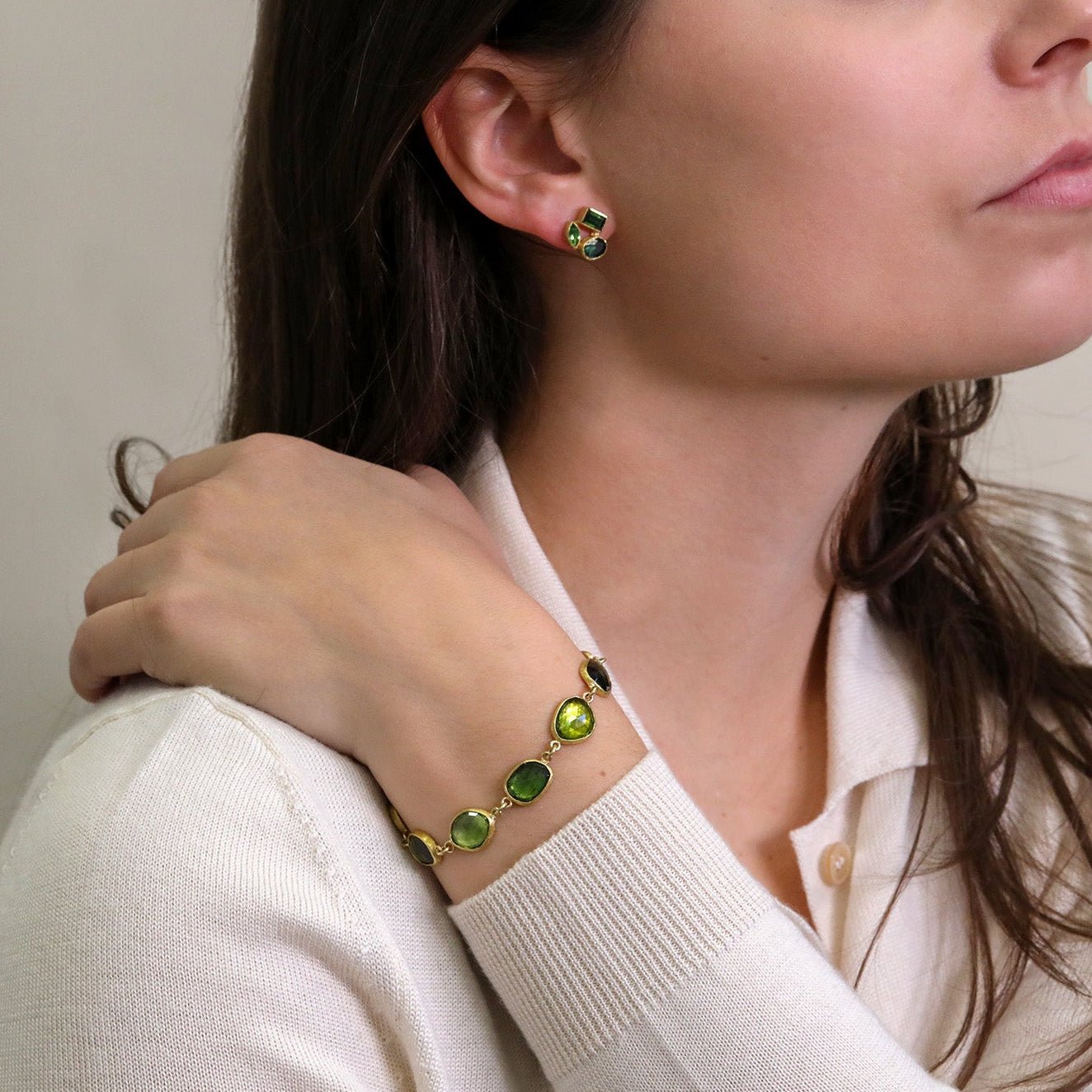 22K Gold Bezel - Set Green Tourmaline Cluster Studs - Peridot Fine Jewelry - Petra Class