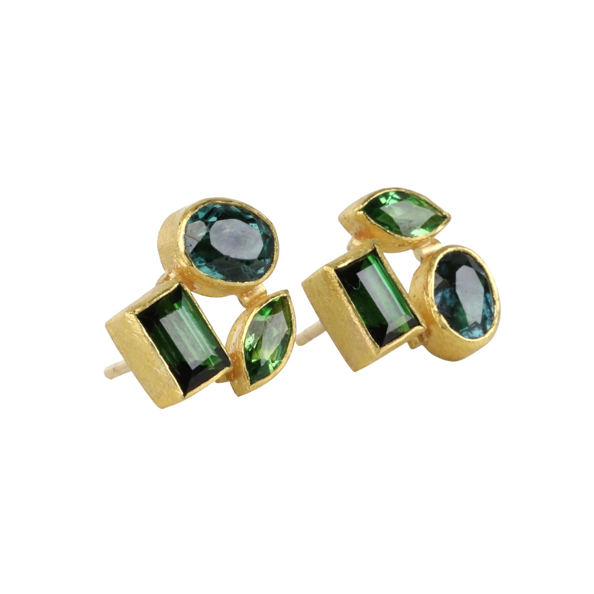 22K Gold Bezel - Set Green Tourmaline Cluster Studs - Peridot Fine Jewelry - Petra Class