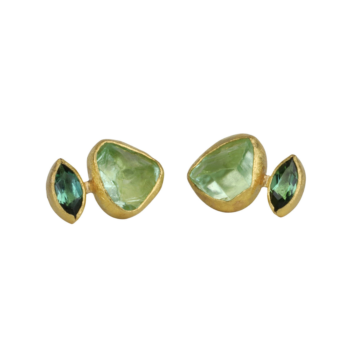 22K Gold Bezel - Set Raw Organic &amp; Faceted Marquise Green Tourmaline Stud - Peridot Fine Jewelry - Petra Class
