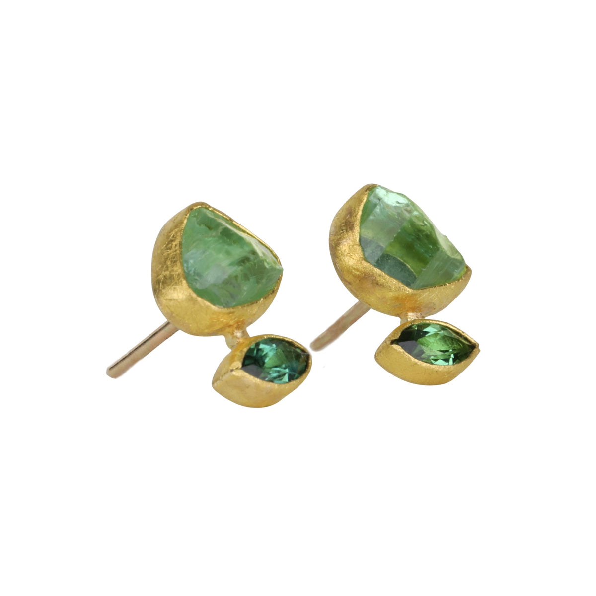22K Gold Bezel - Set Raw Organic &amp; Faceted Marquise Green Tourmaline Stud - Peridot Fine Jewelry - Petra Class