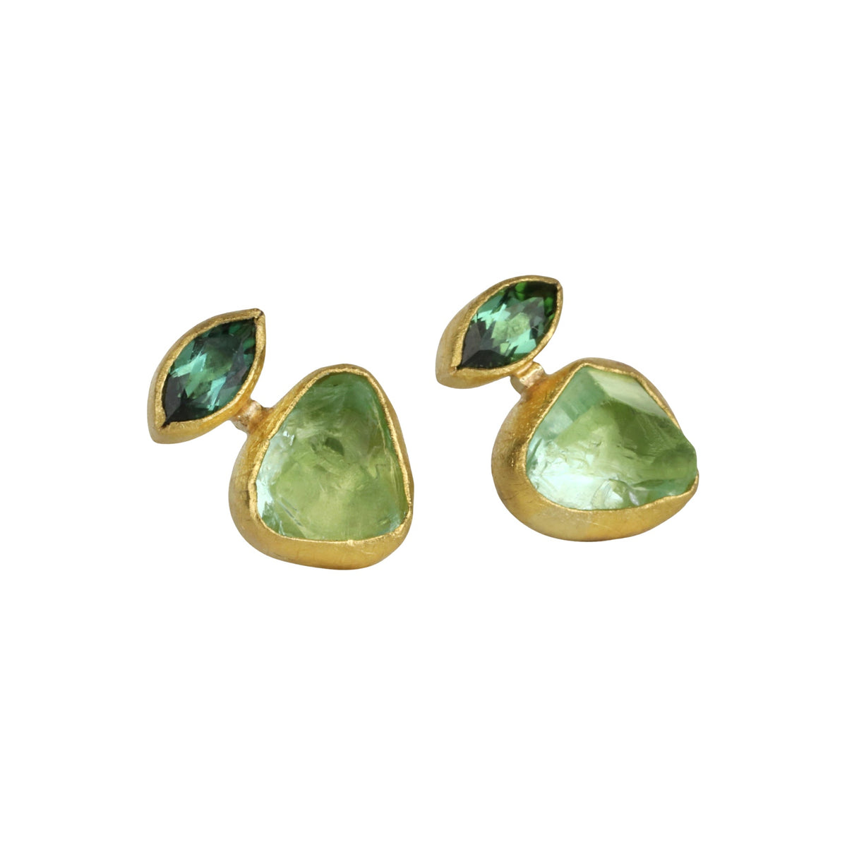 22K Gold Bezel - Set Raw Organic &amp; Faceted Marquise Green Tourmaline Stud - Peridot Fine Jewelry - Petra Class