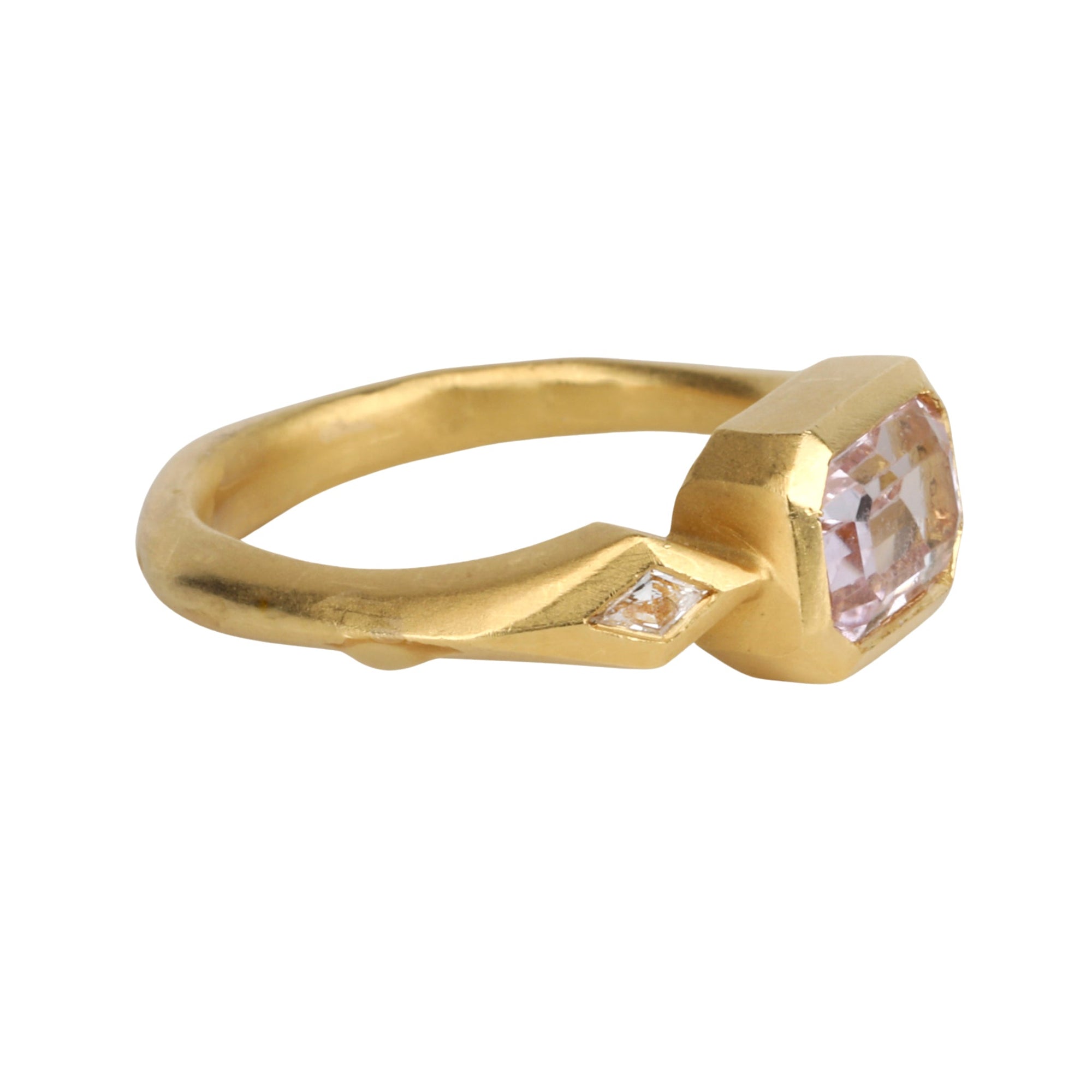 22K Gold Bezel - Set Rectangular Kunzite Ring - Peridot Fine Jewelry - Cathy Waterman