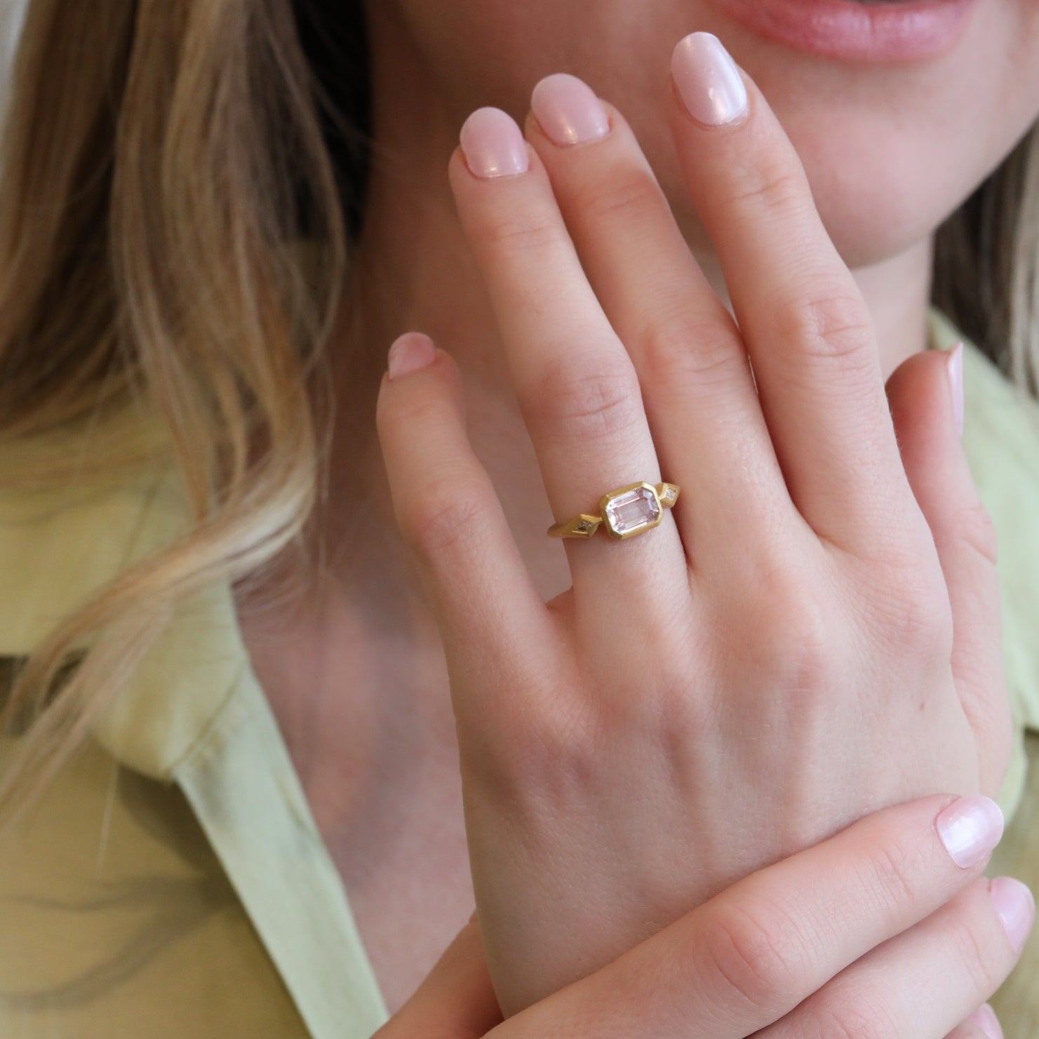 22K Gold Bezel - Set Rectangular Kunzite Ring - Peridot Fine Jewelry - Cathy Waterman