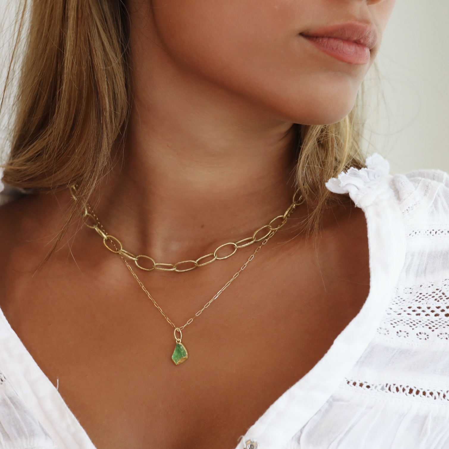 22K Gold Bezel - Set Rough Cut Asymmetrical Green Tourmaline Pendant - Peridot Fine Jewelry - Petra Class