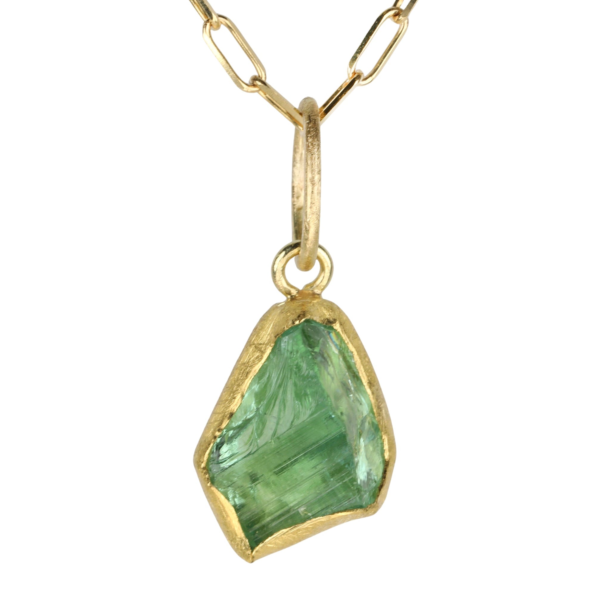 22K Gold Bezel - Set Rough Cut Asymmetrical Green Tourmaline Pendant - Peridot Fine Jewelry - Petra Class