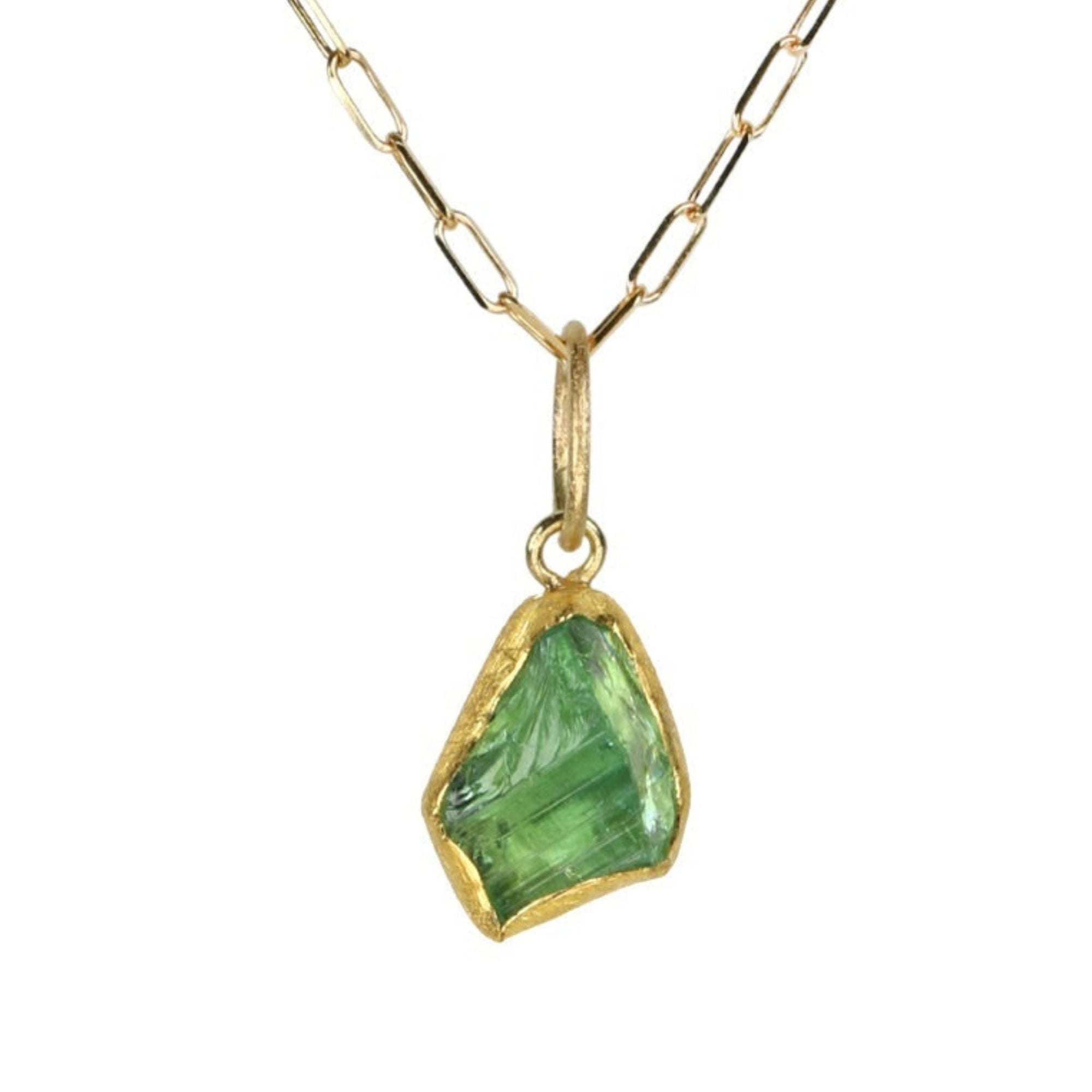 22K Gold Bezel - Set Rough Cut Asymmetrical Green Tourmaline Pendant - Peridot Fine Jewelry - Petra Class