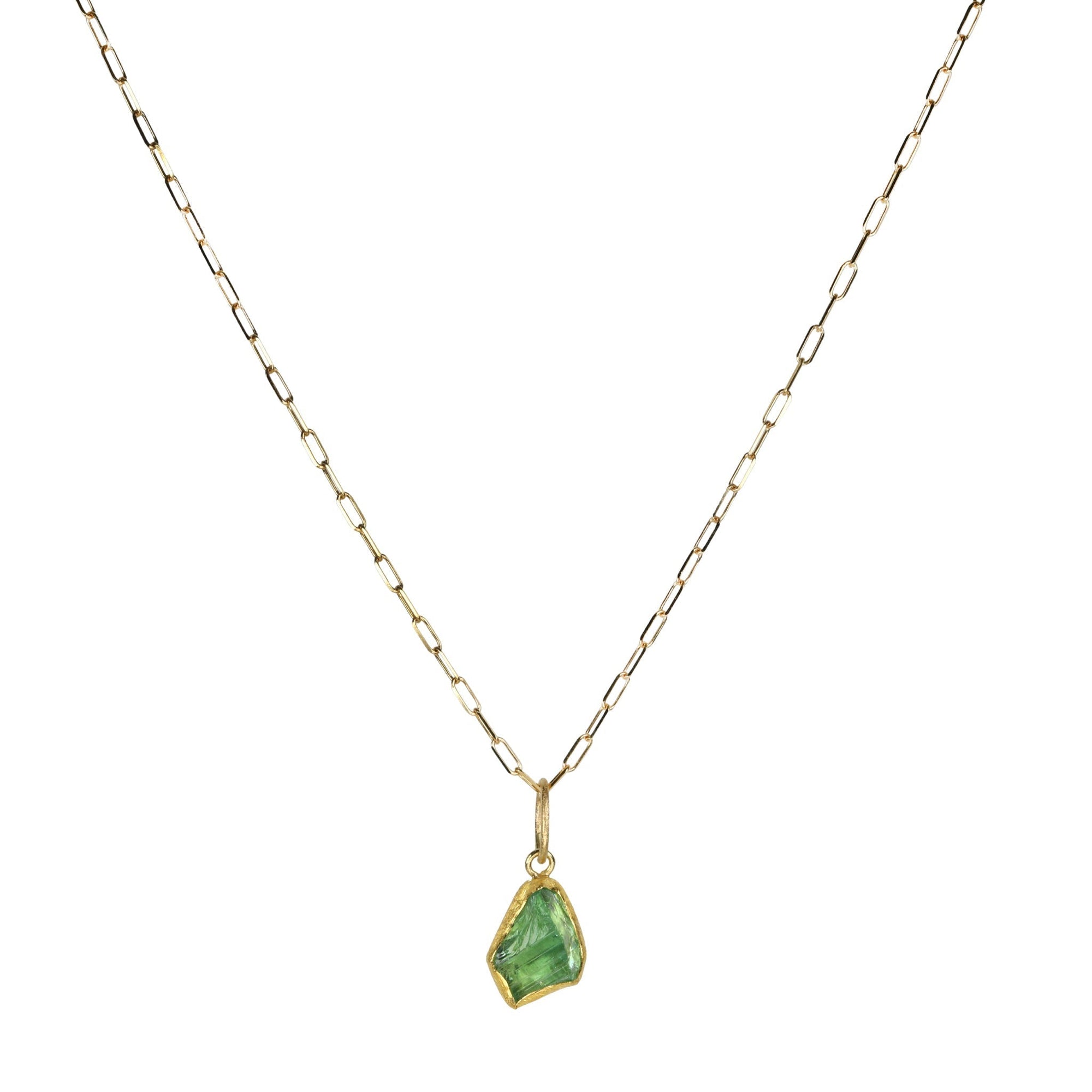 22K Gold Bezel - Set Rough Cut Asymmetrical Green Tourmaline Pendant - Peridot Fine Jewelry - Petra Class