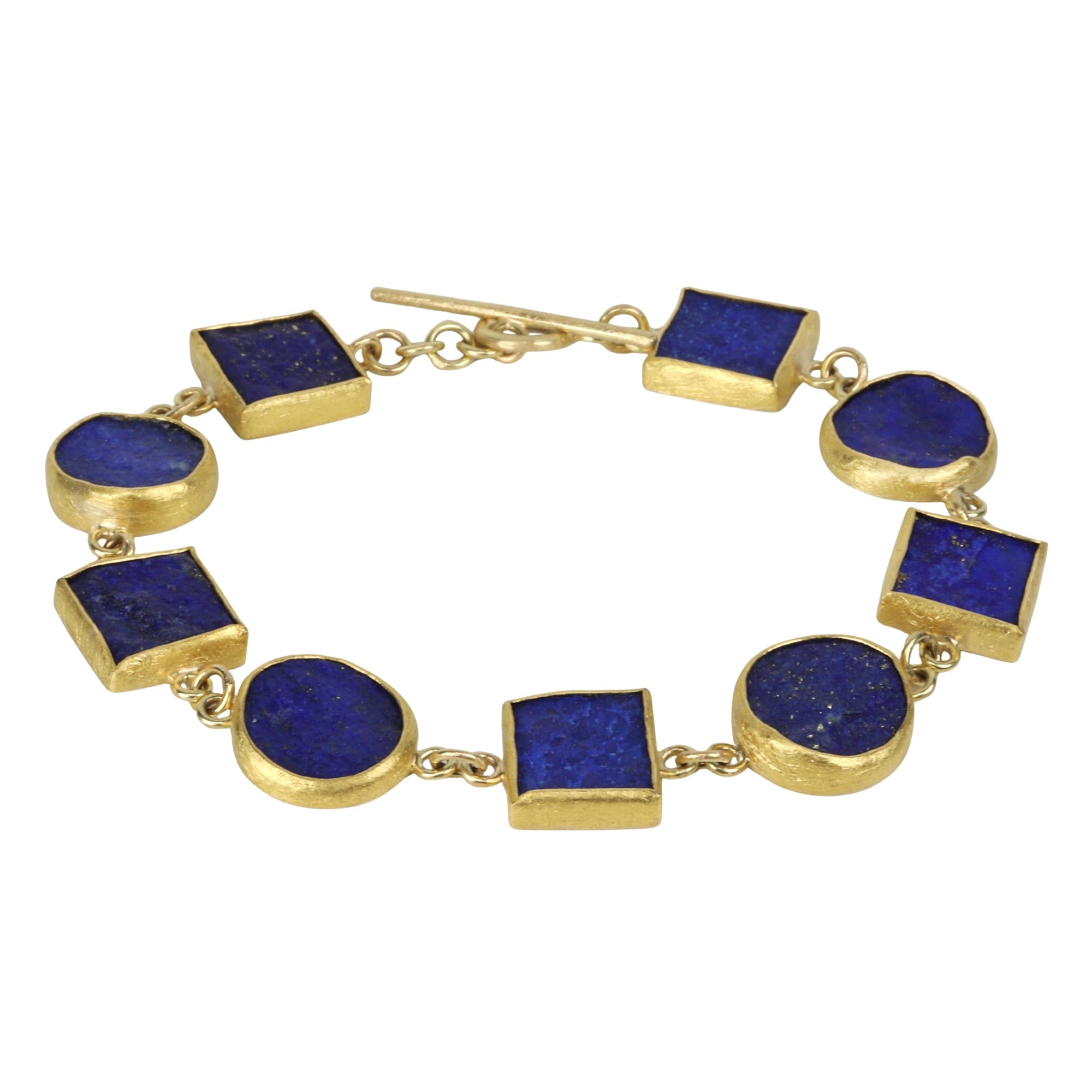 22K Gold Bracelet with Nine Bezel - Set Round & Square Rough Lapis Stones - Peridot Fine Jewelry - Petra Class