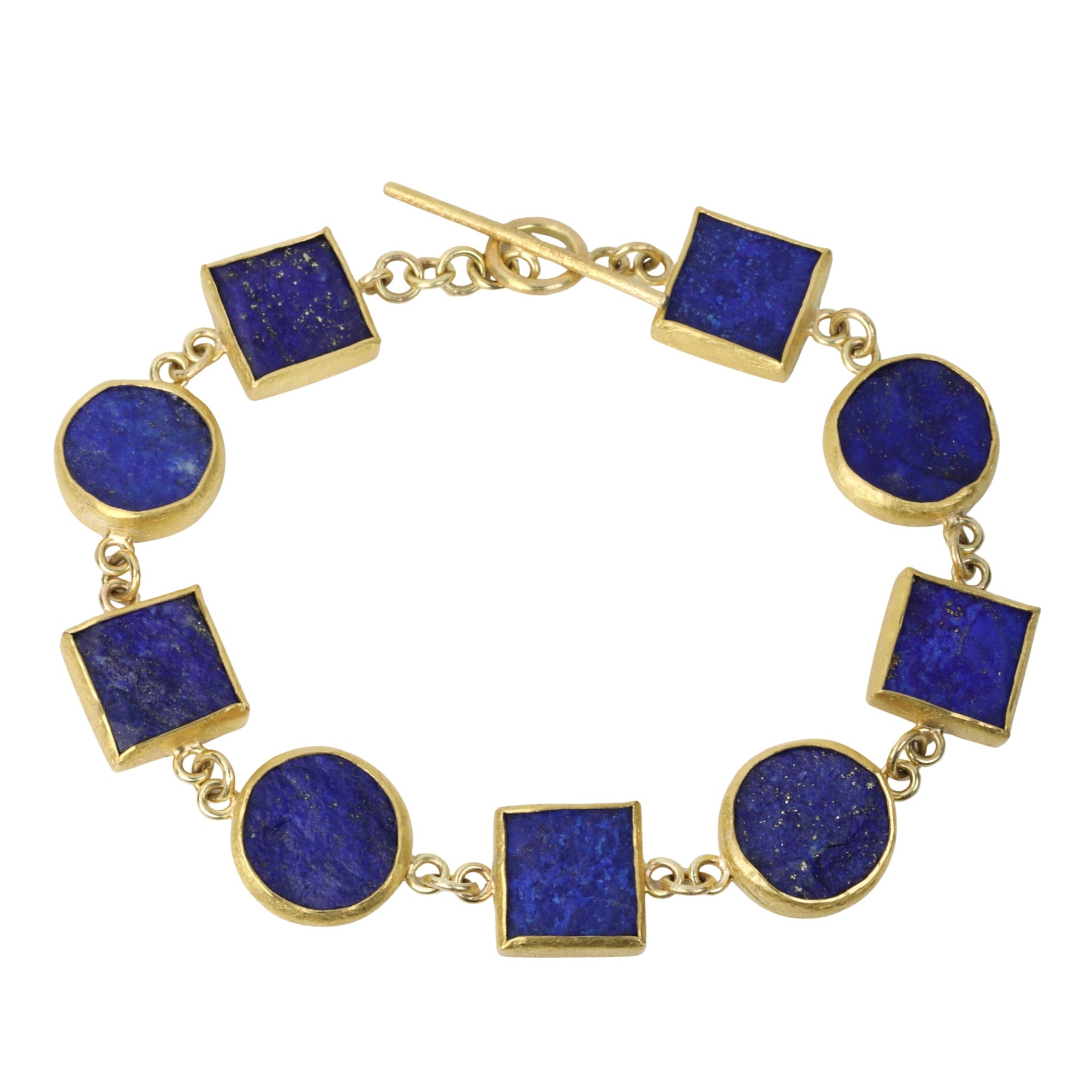 22K Gold Bracelet with Nine Bezel - Set Round & Square Rough Lapis Stones - Peridot Fine Jewelry - Petra Class