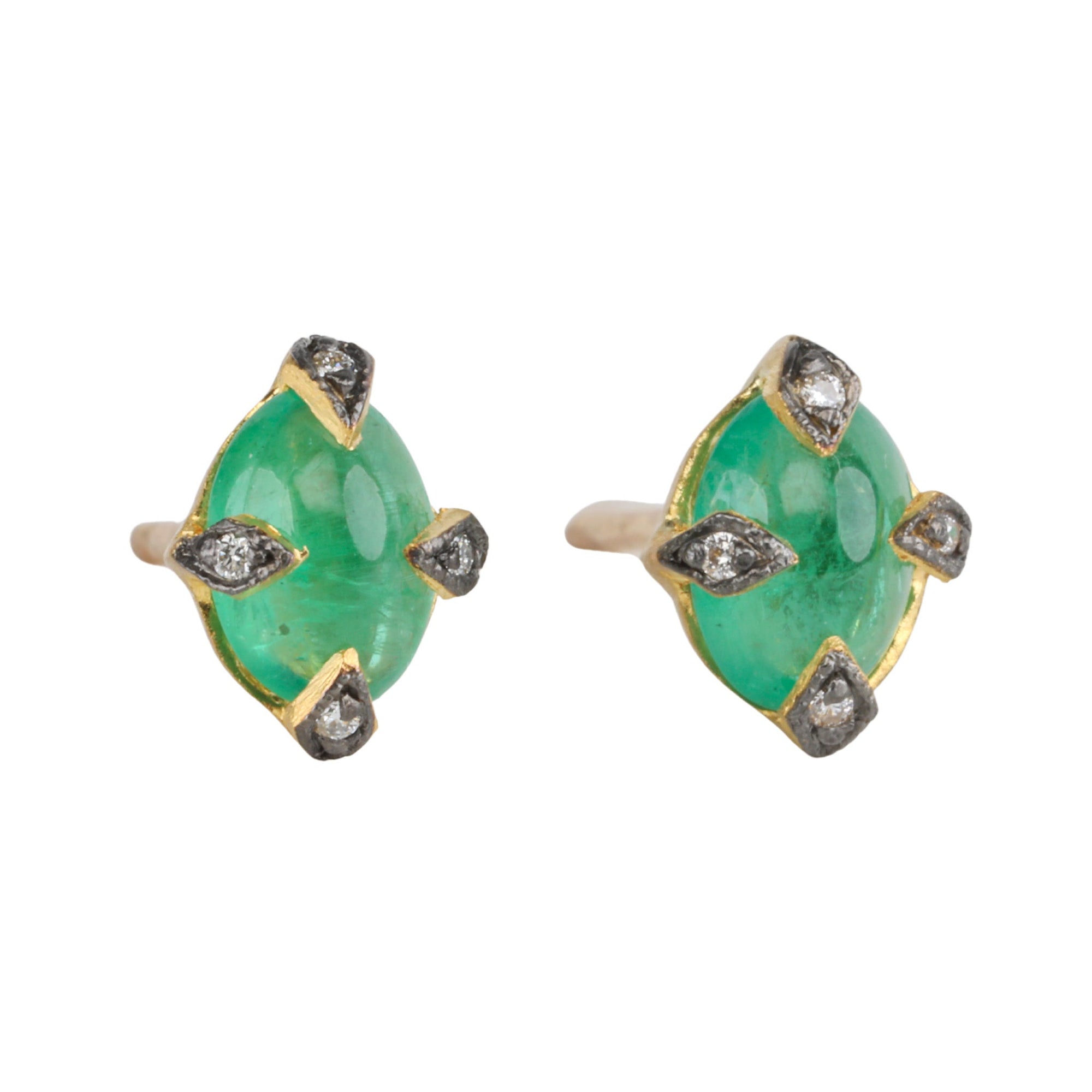22K Gold Cabochon Emerald &quot;Antique&quot; Stud Earrings - Peridot Fine Jewelry - Cathy Waterman