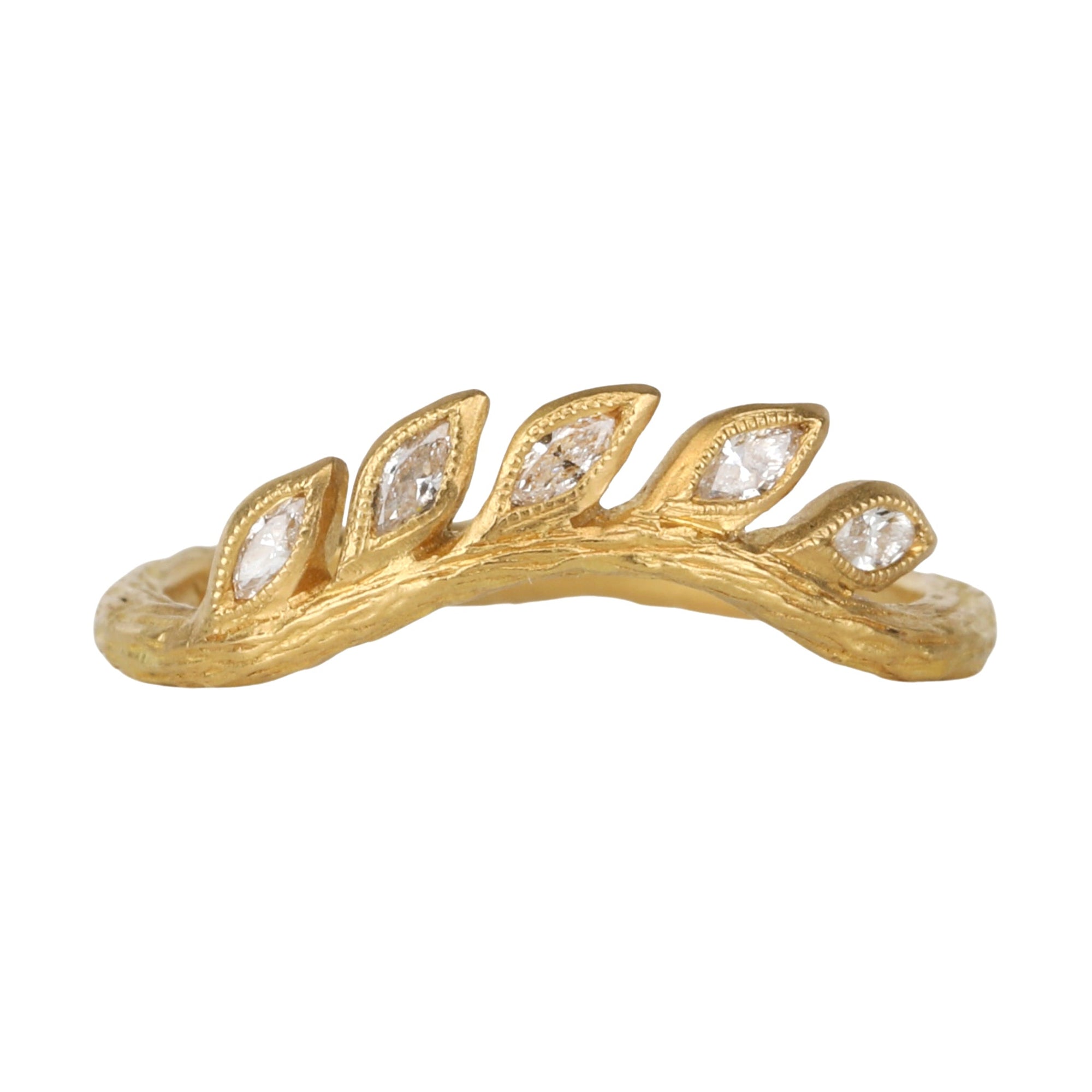 22K Gold &amp; Diamond Marquise Curved &quot;Wheat&quot; Ring - Peridot Fine Jewelry - Cathy Waterman