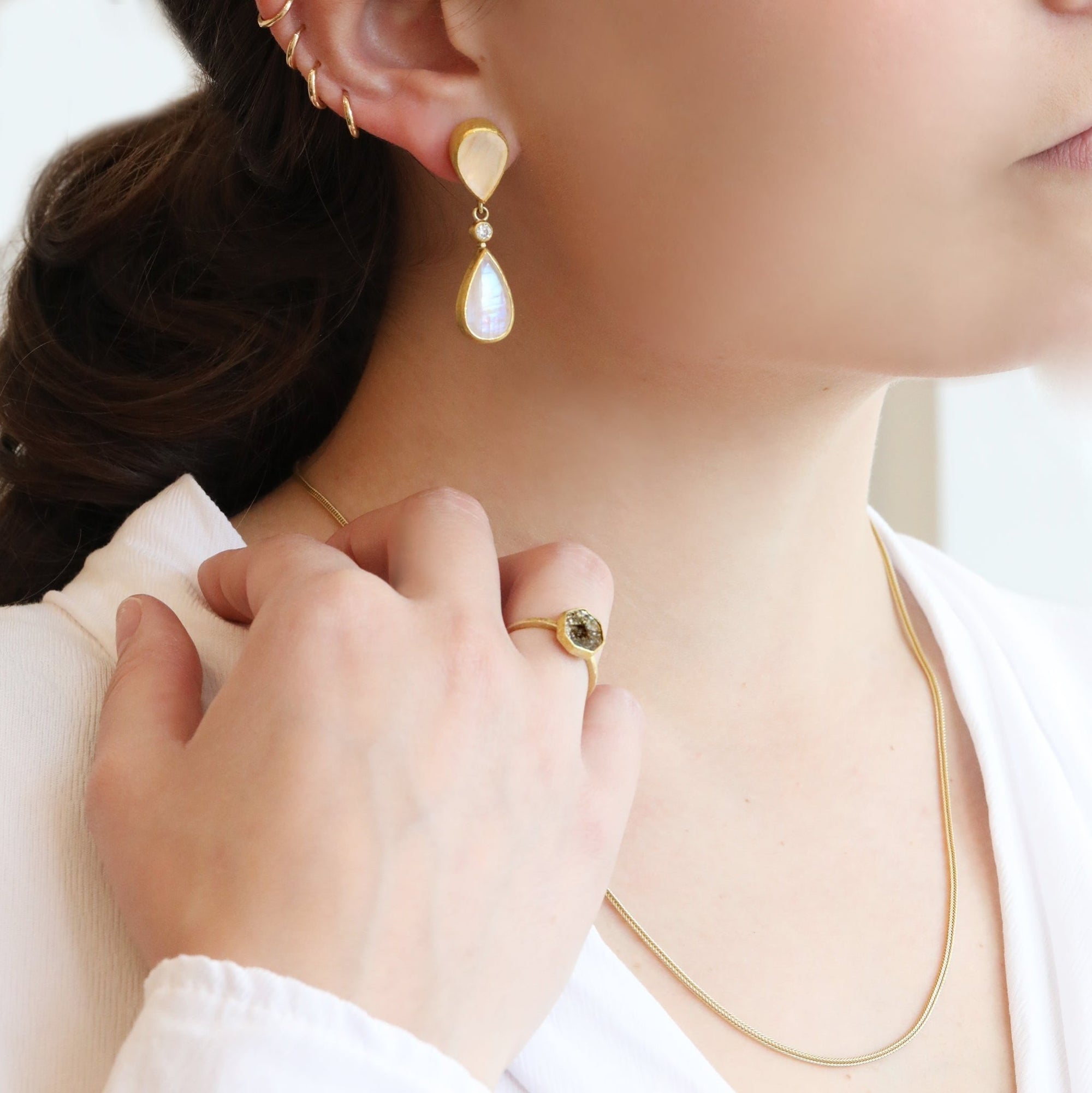 22K Gold Double Bezel-Set Moonstone Drop Earrings - Peridot Fine Jewelry - Petra Class
