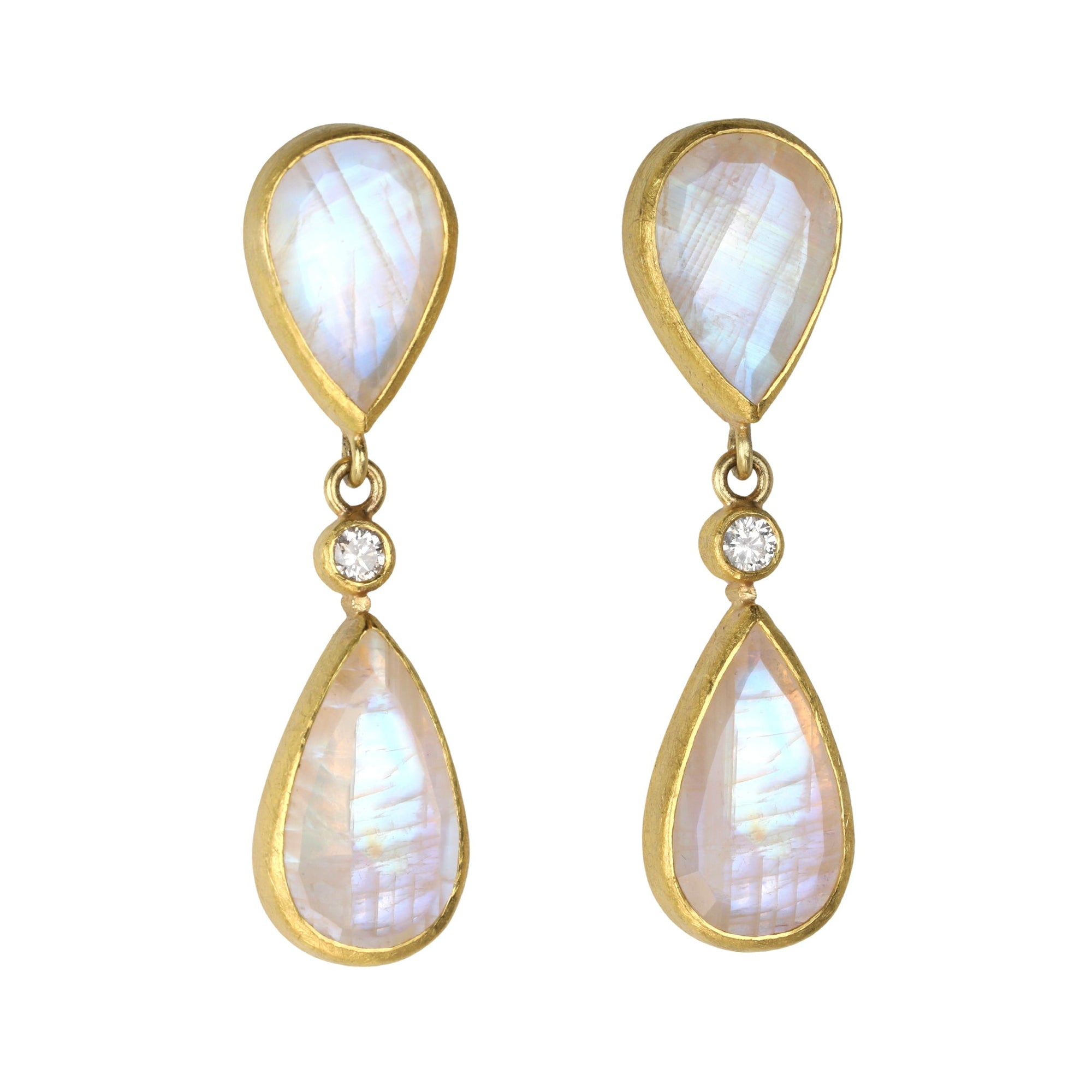 22K Gold Double Bezel-Set Moonstone Drop Earrings - Peridot Fine Jewelry - Petra Class