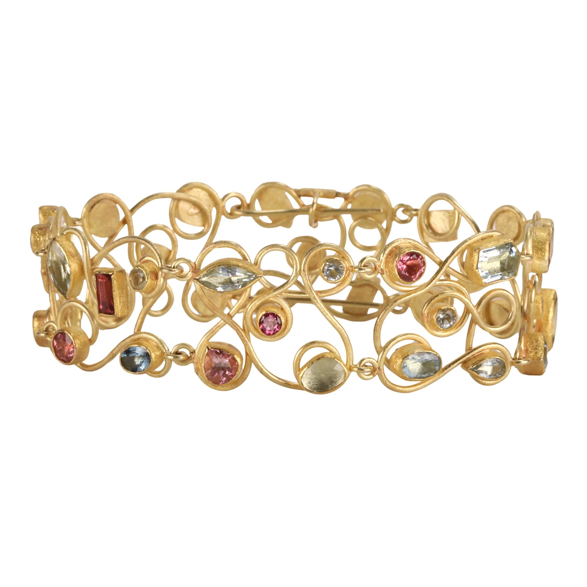 22K Gold &quot;Double Swirl&quot; Wire Bracelet with Aquamarines and Pink Tourmalines - Peridot Fine Jewelry - Petra Class