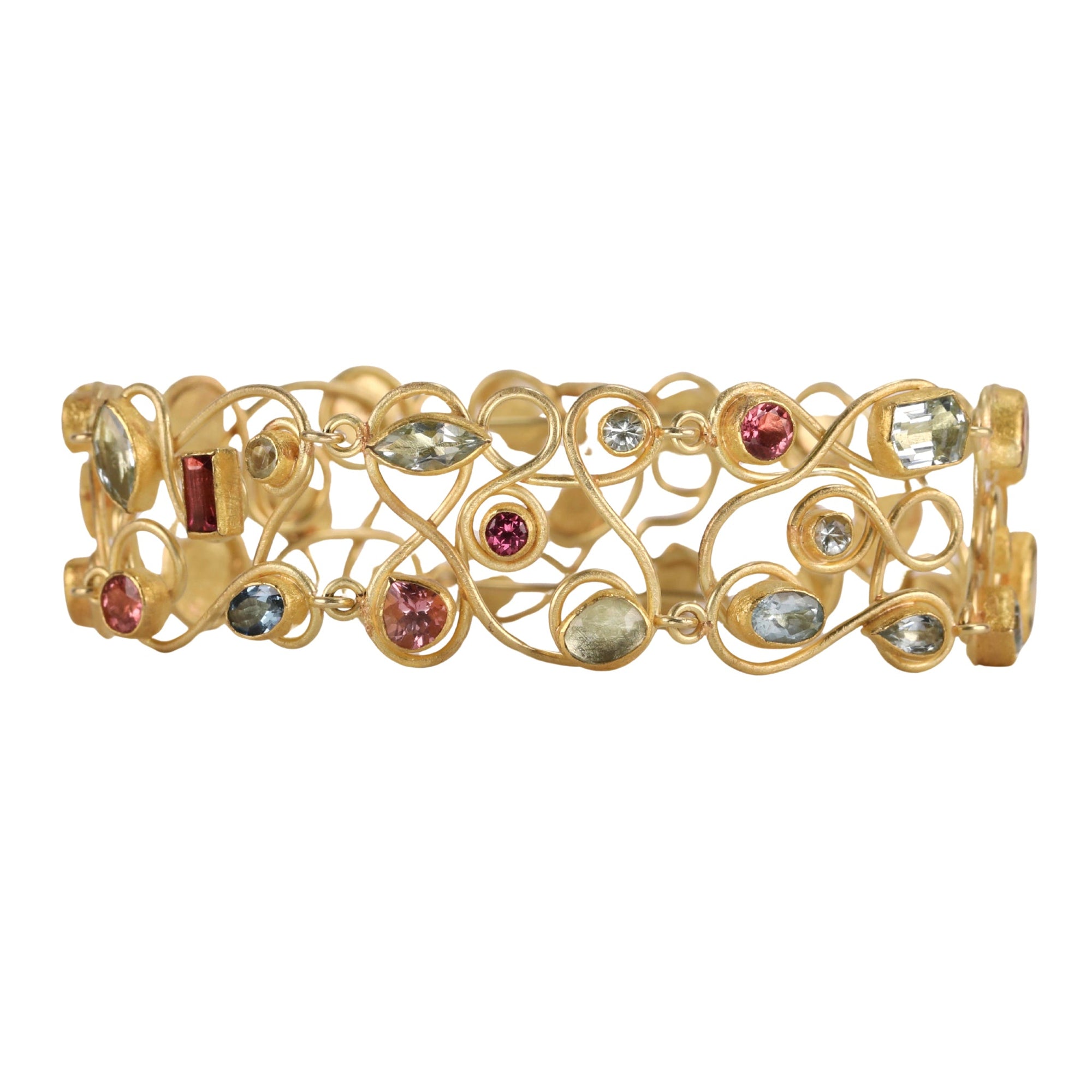 22K Gold &quot;Double Swirl&quot; Wire Bracelet with Aquamarines and Pink Tourmalines - Peridot Fine Jewelry - Petra Class