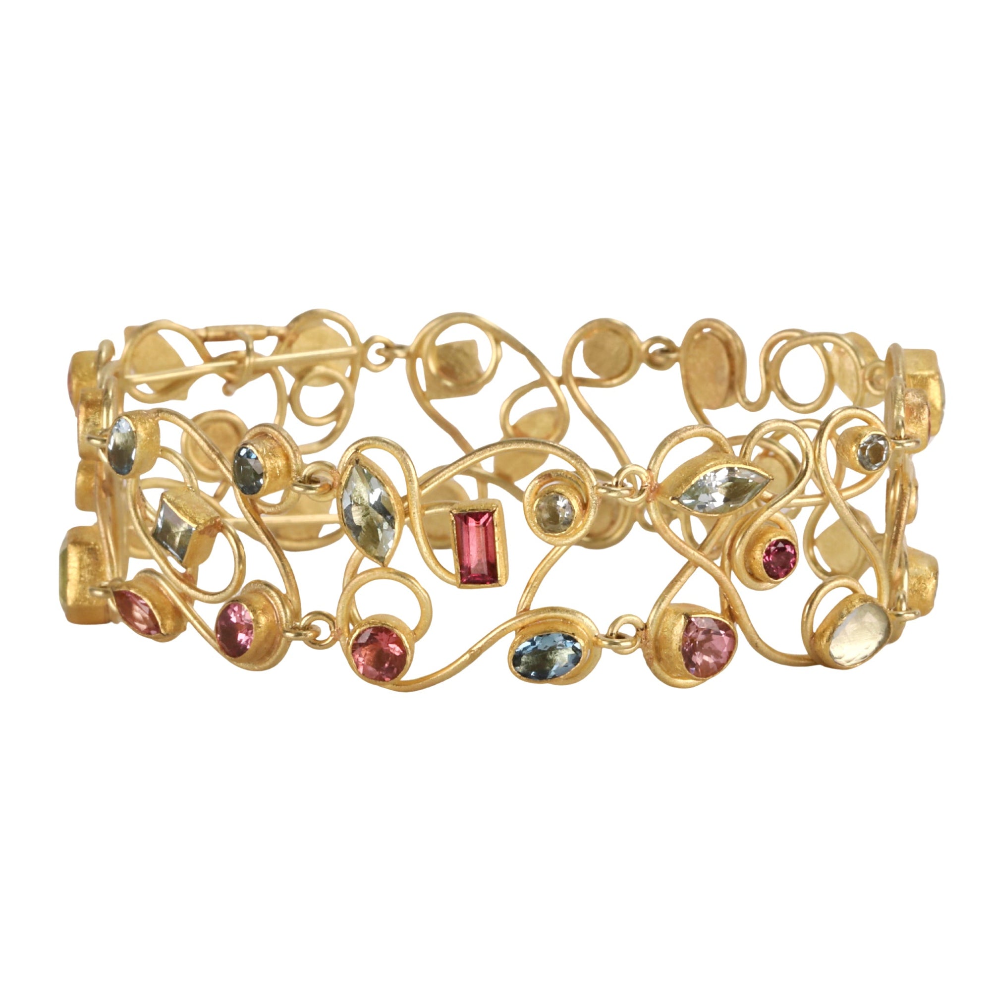 22K Gold &quot;Double Swirl&quot; Wire Bracelet with Aquamarines and Pink Tourmalines - Peridot Fine Jewelry - Petra Class